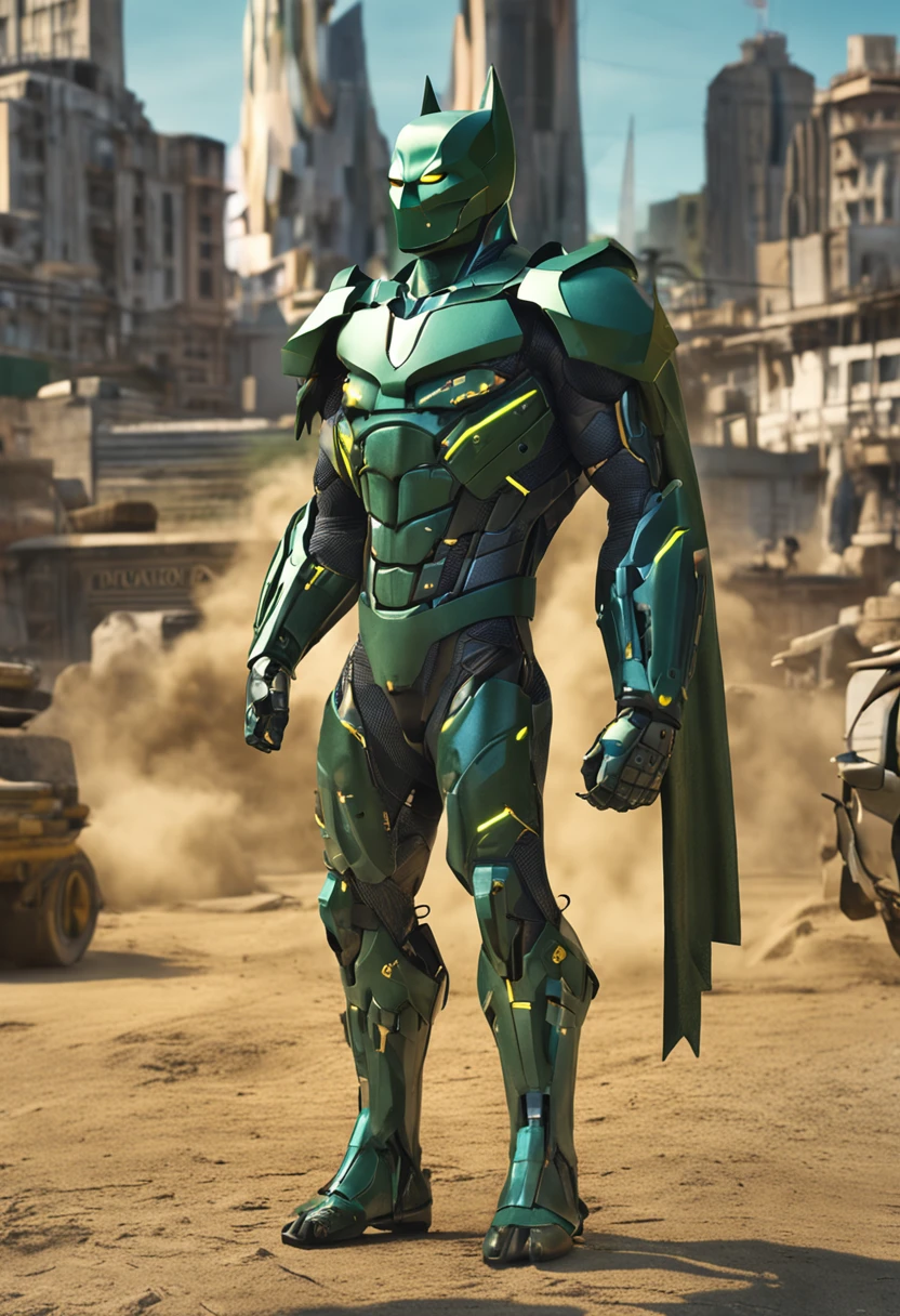 Um batman verde, amarelo e azul, brasileiro, realistic in a titanium cybernetic suit, detalhado, designe perfeito, alta qualidade arestas perfeitas e simetricas  ::n_desenho de estilo, Low-quality imperfection, boneco, jogo, anime