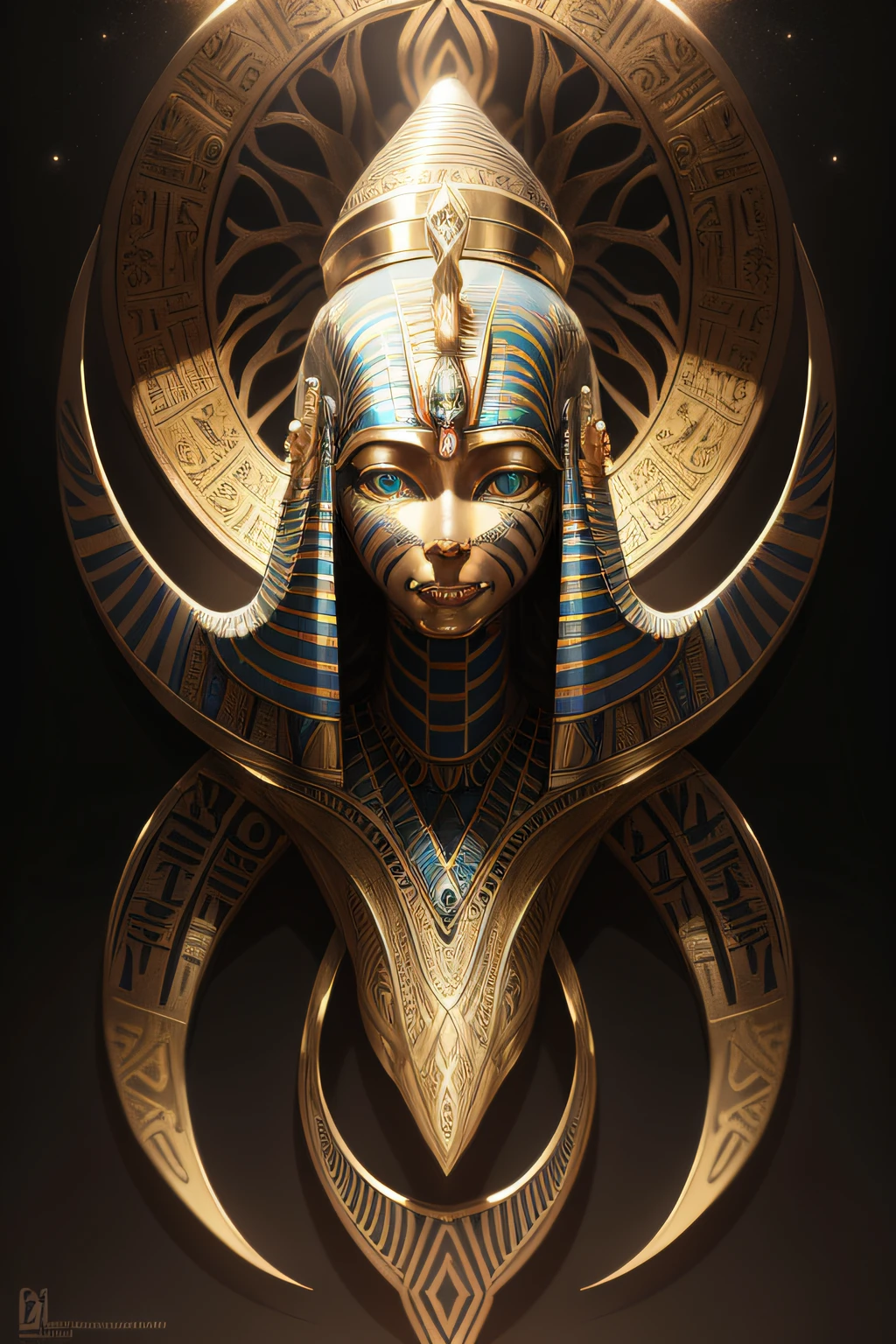 biomachine:1.3, (Egyptian esfinge art:1.2), (colorido:1.2), dourado, ouro, Hans Giger, (zentangle:1.2), granulado, extremamente detalhado, detalhes intrincados, dynamic lighting, fotorrealista, luz natural, baixo h, obra prima, detalhado 8k