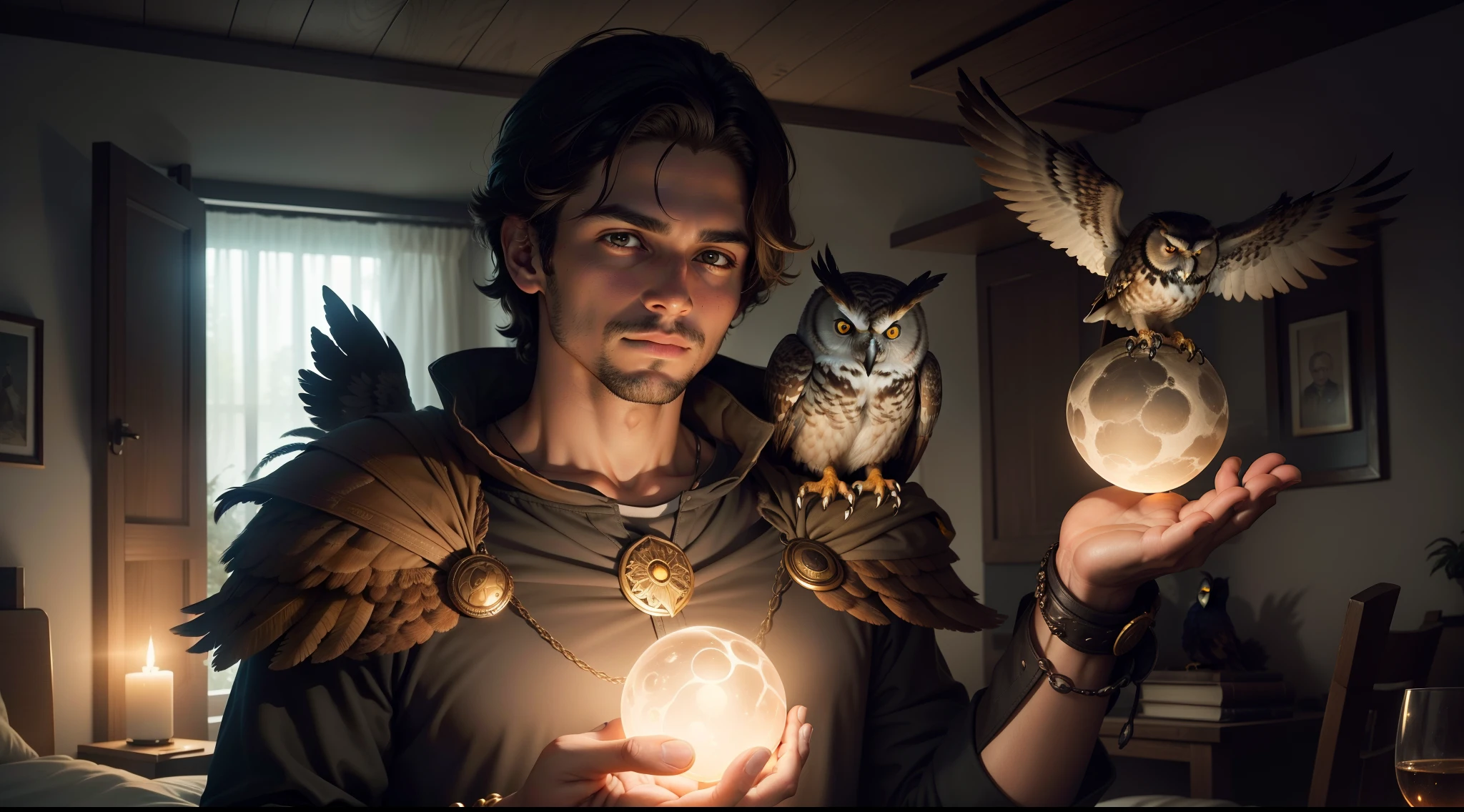 Um jovem de costas no quarto escuro olha pra cima a forma de dois seres imensos, fortes, misteriosos, poderosos, one of them with an owl on his shoulders and the other holding an orb floating in his hand, detalhado, 8k, universo