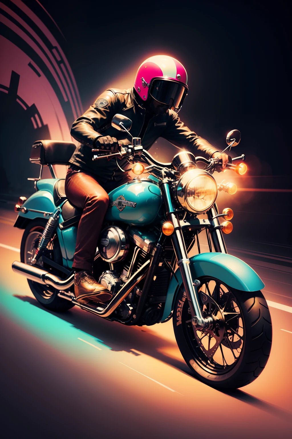 Create a psychedelic illustration of a man riding a classic Harley Davidson motorcycle