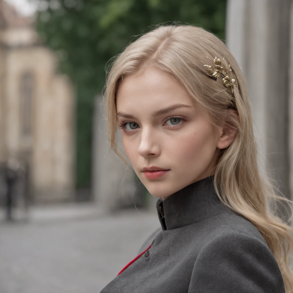 Lonely young adult girl, Tall stature, little chest, Slavic appearance: Green eyes; blond hair; sharp facial features; Straight nose; pronounced high cheekbones, stands upright, military uniform: gray double-breasted overcoat; gray pants, full length, max detail, Masterpiece quality, black leather gloves, in the middle of the street, Background: A street with a stone paved road with European stone houses from the first half of the 20th century, High quality shadows, High quality of light, High quality clothing, Masterpiece picture quality.