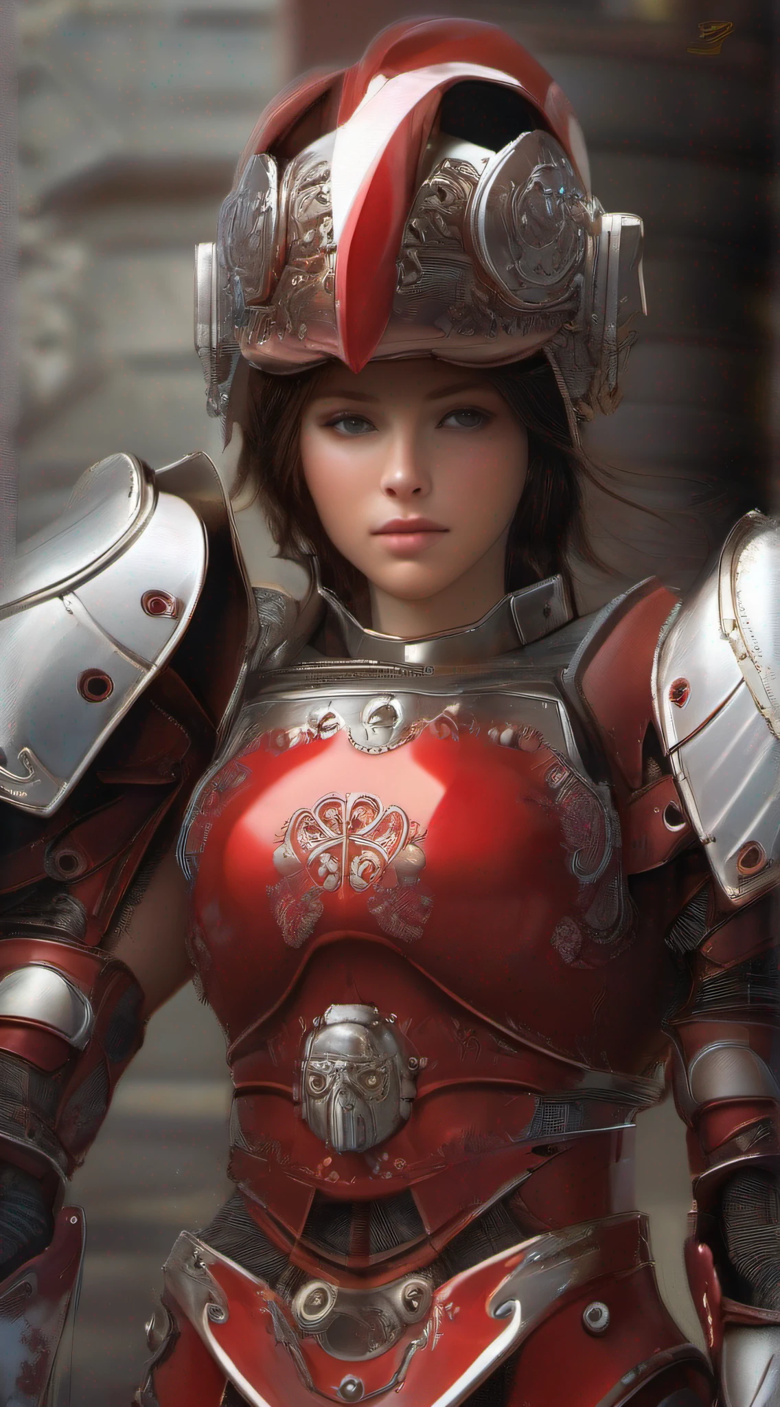 (Masterpiece), (Best quality), Photorealism, Realistic, Ultra detailed, Perfect face, Perfect body, 1girll, Beautiful girl, Girl in red armor, Mechanical armor, exoskeleton, Stand, Cool pose, Sexy, Watching from behind