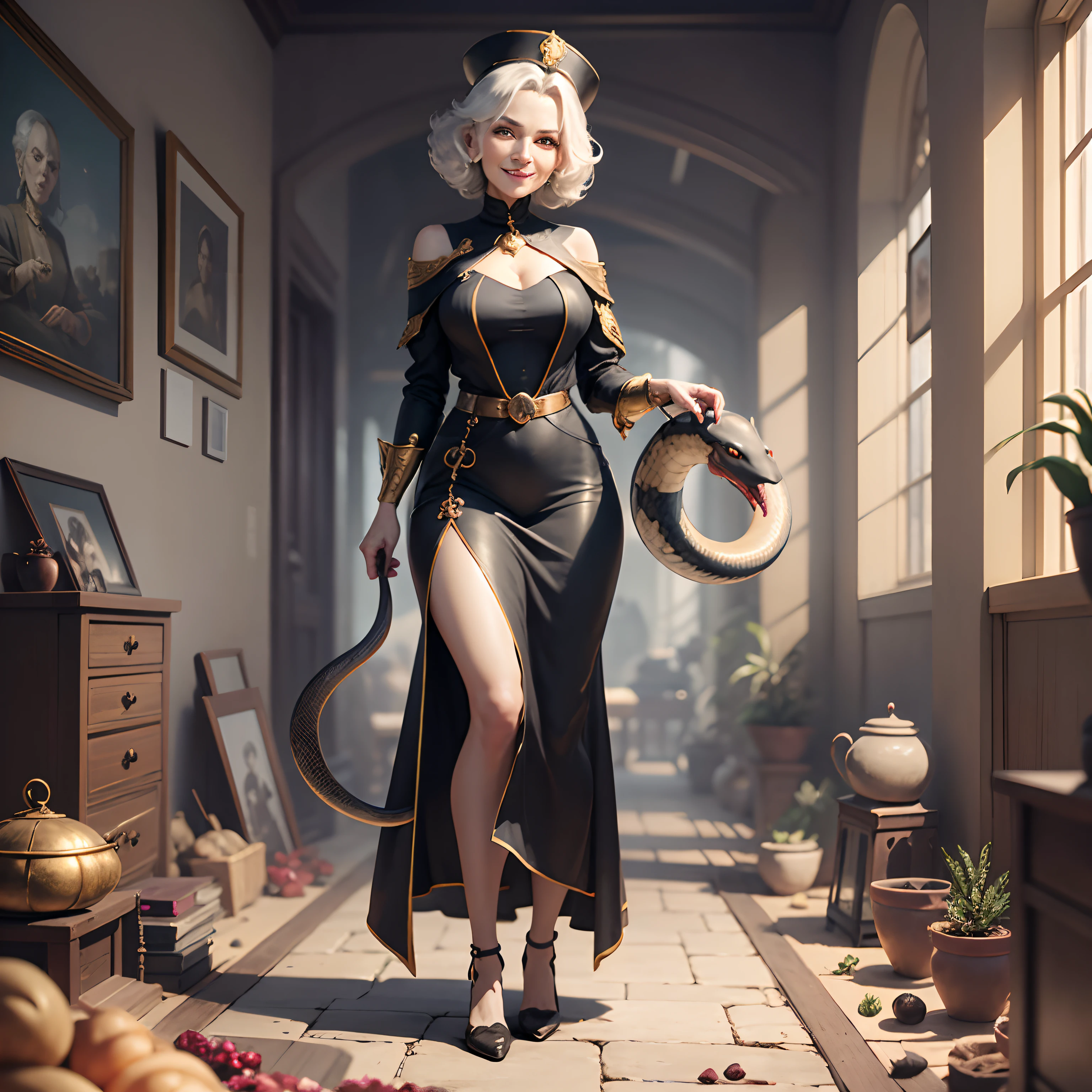 full bodyesbian, Very greedy 100-year-old woman, Very thin face, Evil smile, Evil hair, Short hair, being thin, Black clothes and gold details, Holding a snake, Standing in the middle of treasures. Illustrations are high-definition illustrations in 4K resolution、Features highly detailed facial features and cartoon-style visuals.