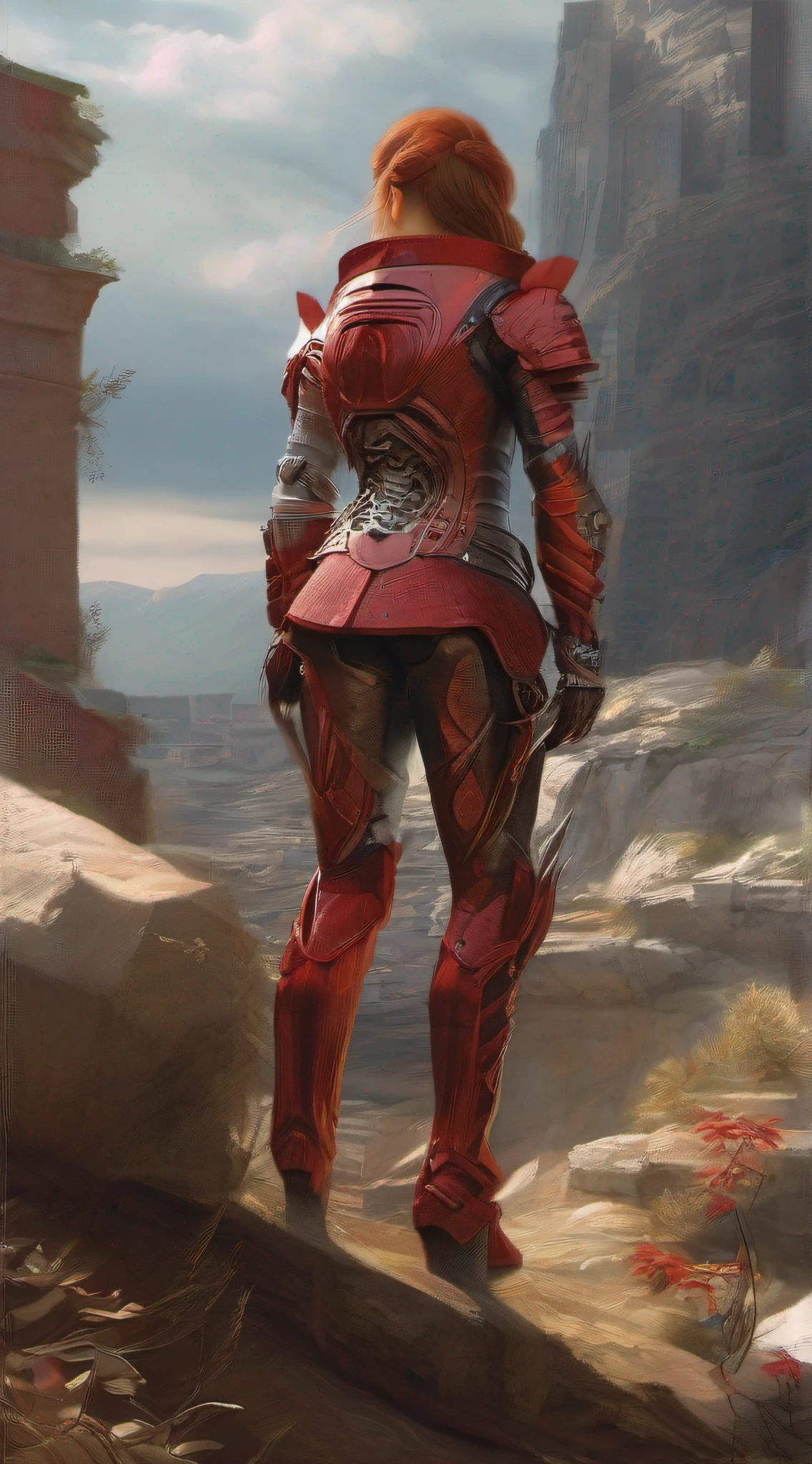 (Masterpiece), (Best quality), Photorealism, Realistic, Ultra detailed, Perfect face, Perfect body, 1girll, Beautiful girl, Girl in red armor, Mechanical armor, exoskeleton, Stand, Cool pose, Sexy, Watching from behind