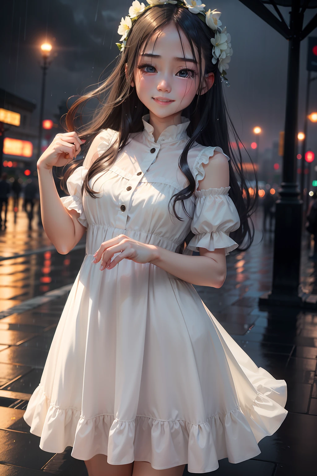 The girl stood in the rain，Smiling，Through raindrops，Her eyes sparkled。Water droplets slipped down her hair and white dress，Form a beautiful sight。The sky after the rain was dyed twilight，A deep and romantic backdrop is formed。