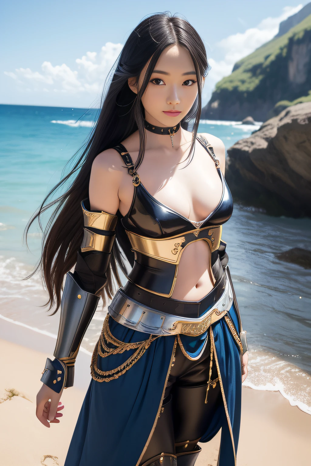 (Thin eyebrows:0.5)、(thin lipss:0.8)、(small nose:0.8)、infp young woman、A slight smil、(absurdly long hair:1.2)、poneyTail、blue hairs、Flowing in the wind、Dancing Poses、gypsy dress、(chest protector:1.3)、(Chest Guard:1.3)、Waist Armor、Leg armor、(leather armor:1.2)、(Ornately decorated armor:1.3)、(jewely:1.3)、dynamicposes、Opening legs、(the perfect body:1.0)、(small nipple:0.7)、Big breasts、Huge breasts、 By Michelangelo、blue-sky、sea the background of、ulzzang -6500-v1.1