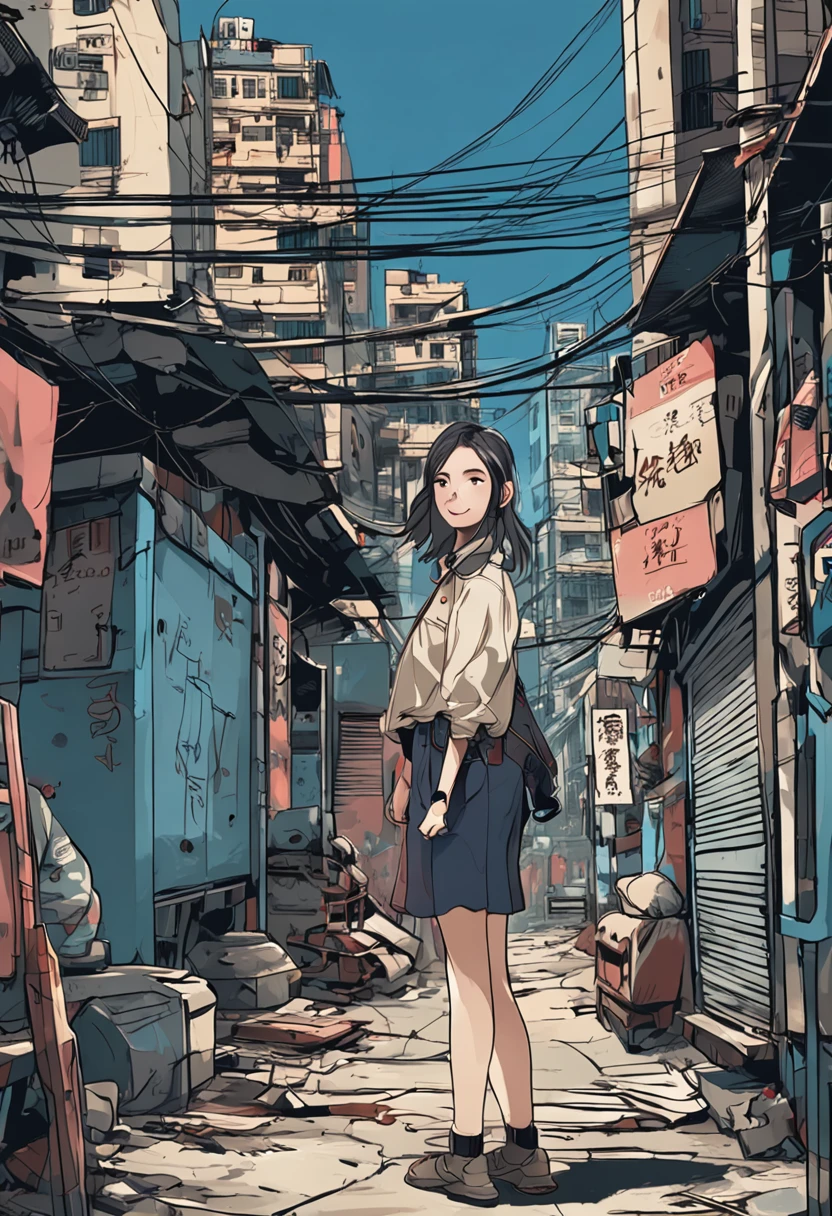 Kowloon City、Back alley、(Wet ground)、((Delicate depiction))、pipes、duct、electric wires、signboard、plein air, tag, simple background, blue open sky, shorth hair, one girls、((a beauty girl))、天空, looking at the viewers, stairway, Moody lighting,