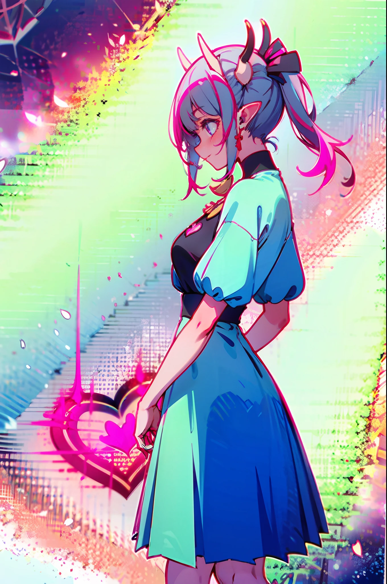 tmasterpiece，Highest image quality，8K，succubi，A pink-haired，Single horsetail，Long horns on the head，The eyes are pink，There is a heart shape inside the eye，huge tit，Place your hands on your waist，Exposed back，Medium body type，seen from the side