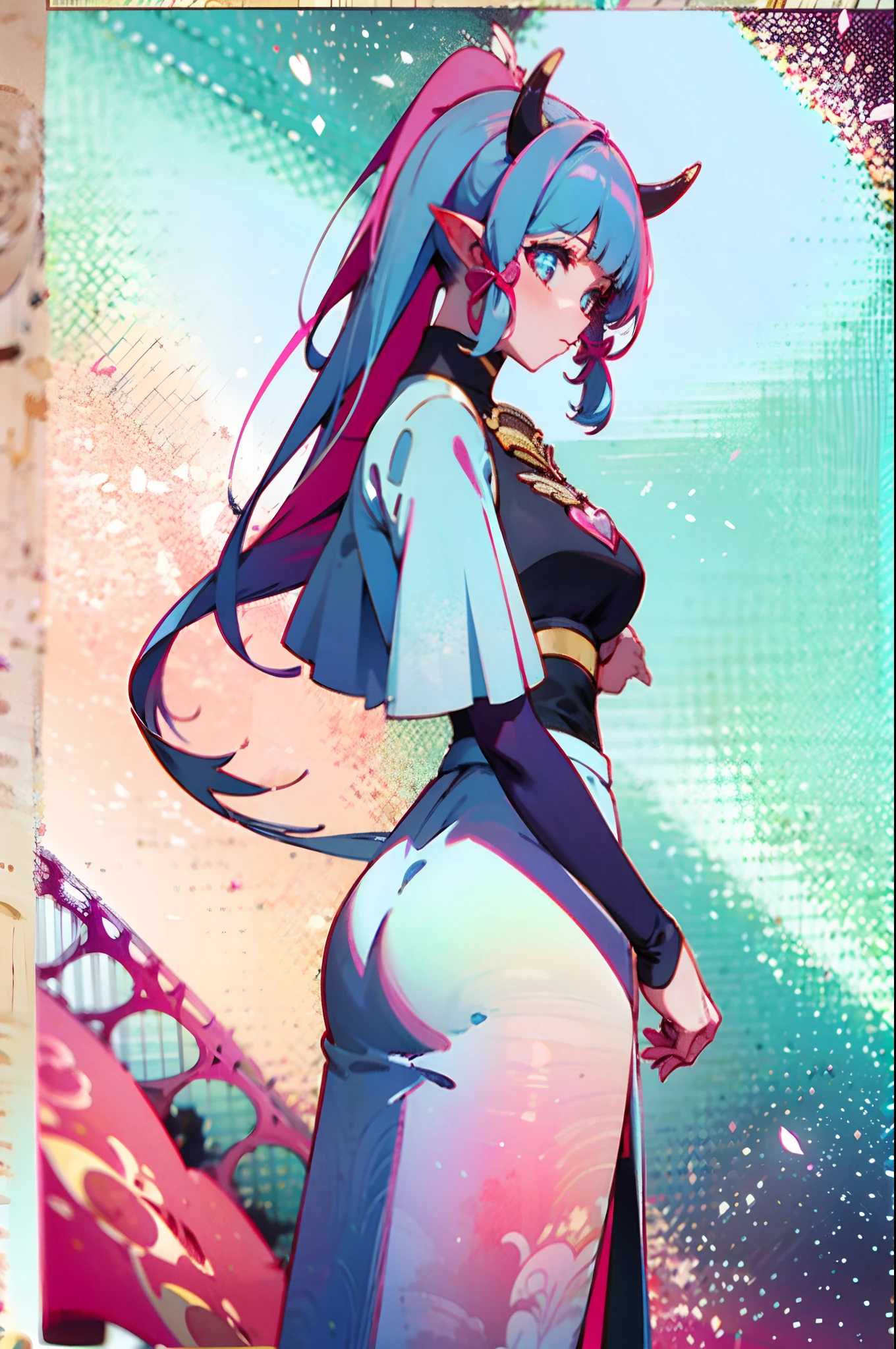 tmasterpiece,Highest image quality,8K,succubi,A pink-haired,Single horsetail,Long horns on the head,The eyes are pink,There is a heart shape inside the eye,huge tit,Place your hands on your waist,Exposed back,Medium body type,seen from the side
