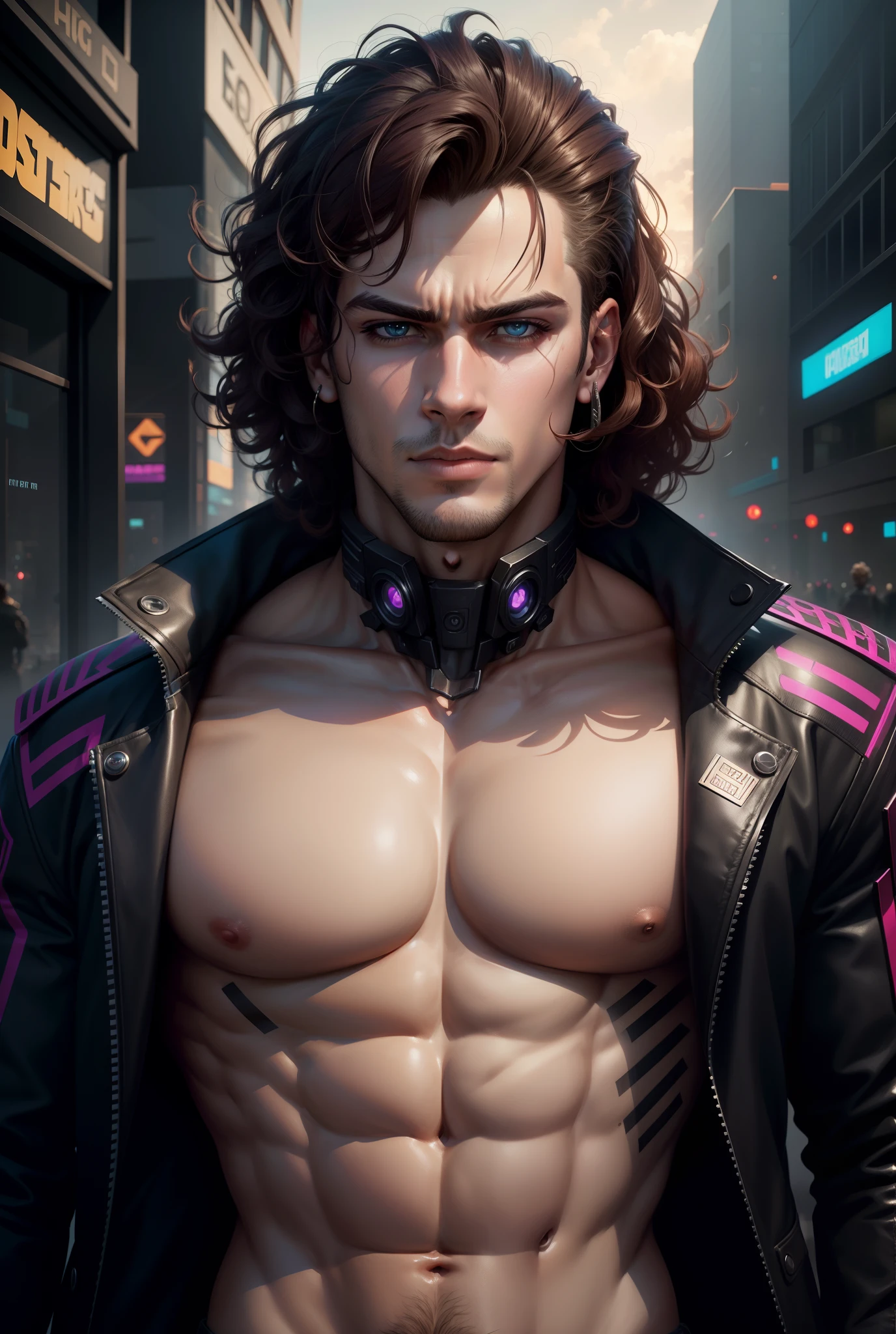 Change background cyberpunk handsome boy,realistic face,8k,ultra realistic,jawline,big and curly hair,big chest