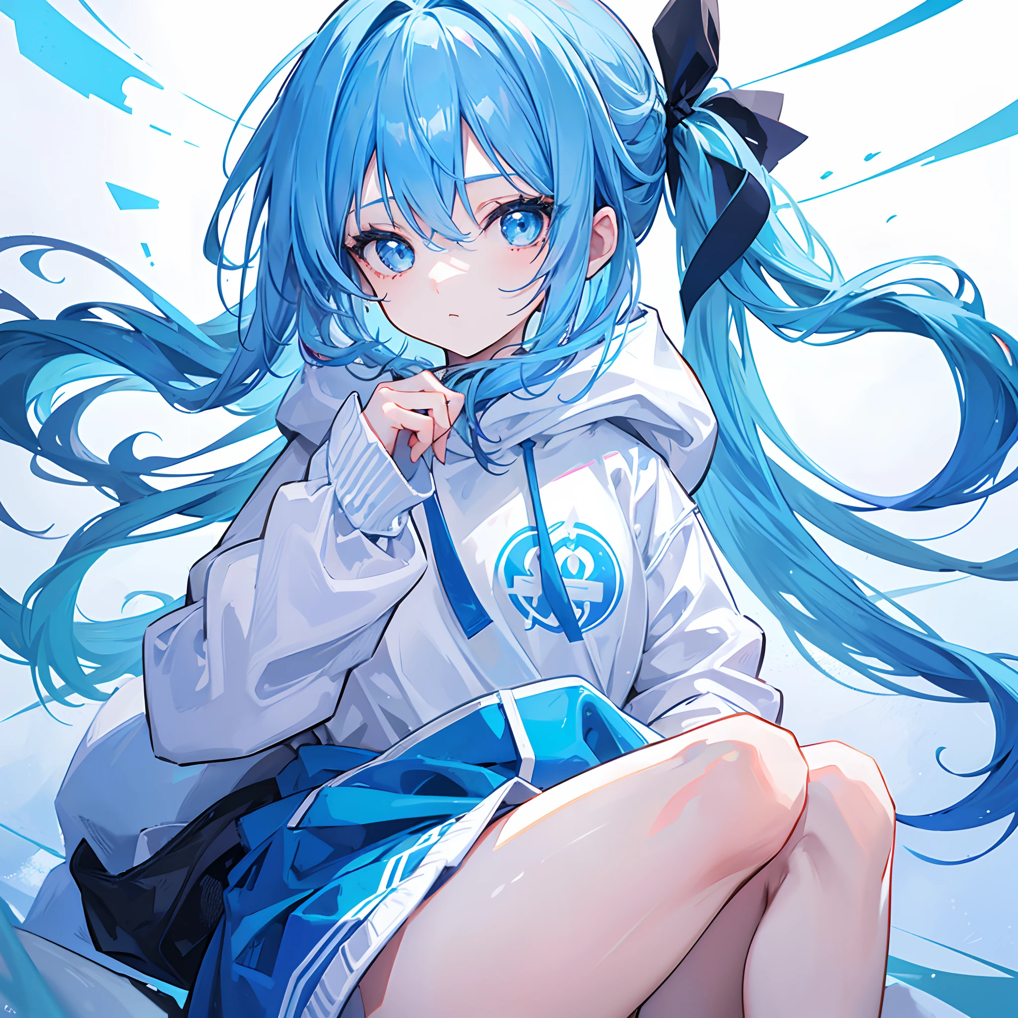 1girl, with light blue hair and blue eyes, wearing a hair ribbon and a blue and white hoodie. The scene is set in winter, with the girl looking directly at the viewer. This image can be used as a profile picture.