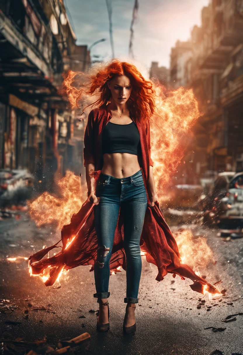 portraiture, Broken glass effect, Vivid yellow flame, Ethereal sparks, Mesmerizing colors, Fierce and elegant woman, Strong gaze, Flowing fiery red hair, Dynamic aerial pose, Broken environment, Urban chaos background, cinematic backlighting, Strong contrast, postapocalyptic vibes, 85mm prime lens, Canon EOS R6, Wide aperture, HDR enhancement, 4K 分辨率, Visual storytelling, Emotional intensity, The phoenix appears. ::n_ The color is not good, , Manga, 。.。.3D, Ugly, jpg artifacts, anime big breast, Cartoon, Worst quality, Low quality, EasyNegative, picure, a sketch, Normal quality, airbrush, Makeup cropping, Deformed, Deformed, Noisy, Blurry, contortion, Semi-realistic, ..CGI, Renders, Sketch, watermarked, Bad proportions, unfocused, Hazy, bblurry, Copy a face, manicured, cut, shorten, contortion, deformity, deformity, Copy, Copy, Reproduce, Compression artifacts, Digital noise, pixilated, standard deviation, Below standard grade, branding, logo, Minimum standards, Worst grade, Worst resolution, Supersaturation, Oversaturation, badly drawn, strange colours, Blurry, Glaring shadows, extra limb, Muscular, Painting, the number, Renders, anime big breast, Sketch, Saturated, frame, Border, Side, Trim, casing, Deformed, gross proportions, limb deformity, cheesy, smooth, plastic, low res, float, poor lighting, Poor composition, underexposed, Poor contrast, Low contrast, flat lighting, Glaring shadows, Blow highlights, Crushed blacks, color shift, Colored tassels, color difference, Moiré pattern, Portate, Posterization, noise, Compression artifacts, Barely, Bad anatomy, Bad proportions, fusedfingers, incorrect hands, Extra fingers
