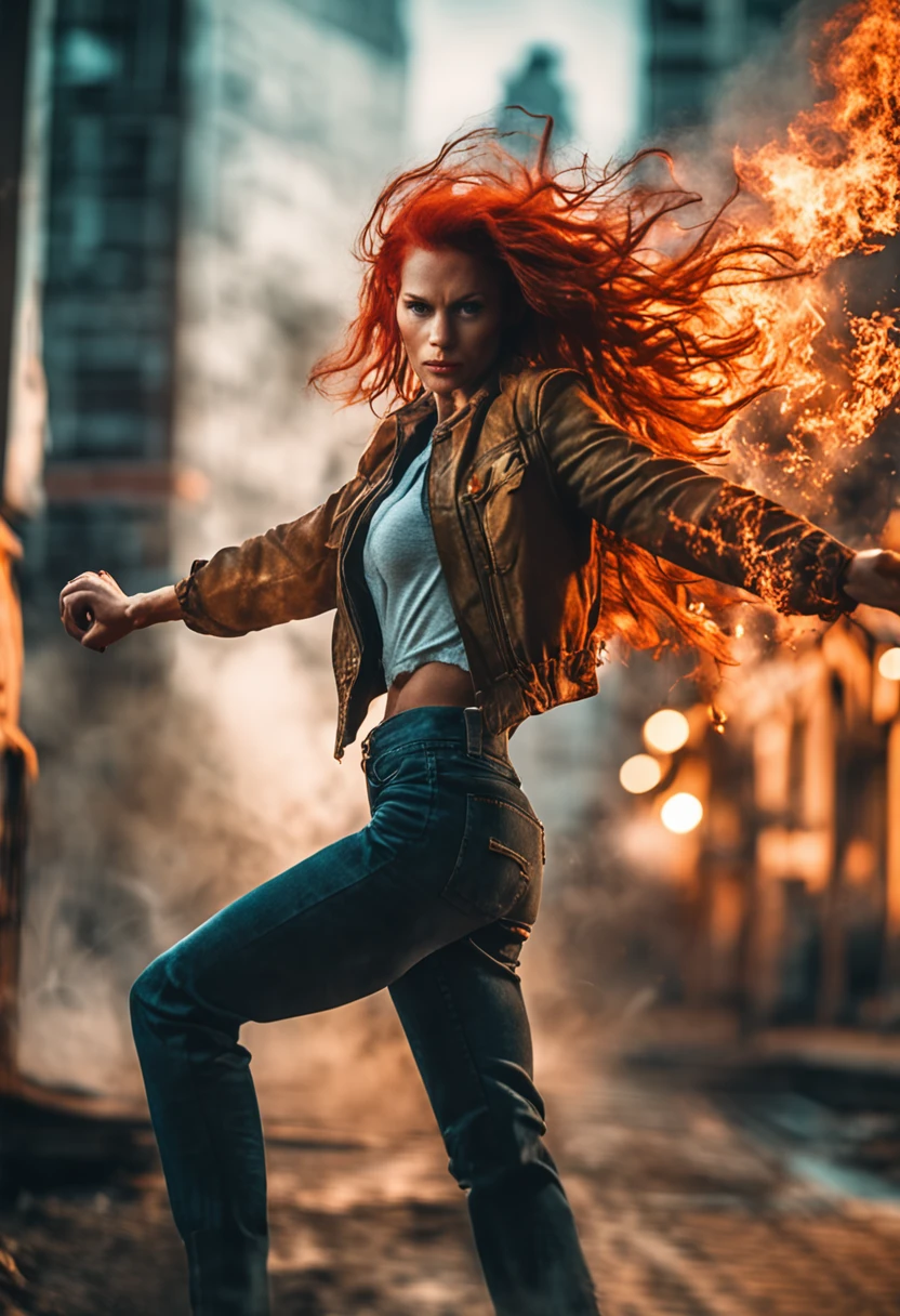 portraiture, Broken glass effect, Vivid yellow flame, Ethereal sparks, Mesmerizing colors, Fierce and elegant woman, Strong gaze, Flowing fiery red hair, Dynamic aerial pose, Broken environment, Urban chaos background, cinematic backlighting, Strong contrast, postapocalyptic vibes, 85mm prime lens, Canon EOS R6, Wide aperture, HDR enhancement, 4K 分辨率, Visual storytelling, Emotional intensity, The phoenix appears. ::n_ The color is not good, , Manga, 。.。.3D, Ugly, jpg artifacts, anime big breast, Cartoon, Worst quality, Low quality, EasyNegative, picure, a sketch, Normal quality, airbrush, Makeup cropping, Deformed, Deformed, Noisy, Blurry, contortion, Semi-realistic, ..CGI, Renders, Sketch, watermarked, Bad proportions, unfocused, Hazy, bblurry, Copy a face, manicured, cut, shorten, contortion, deformity, deformity, Copy, Copy, Reproduce, Compression artifacts, Digital noise, pixilated, standard deviation, Below standard grade, branding, logo, Minimum standards, Worst grade, Worst resolution, Supersaturation, Oversaturation, badly drawn, strange colours, Blurry, Glaring shadows, extra limb, Muscular, Painting, the number, Renders, anime big breast, Sketch, Saturated, frame, Border, Side, Trim, casing, Deformed, gross proportions, limb deformity, cheesy, smooth, plastic, low res, float, poor lighting, Poor composition, underexposed, Poor contrast, Low contrast, flat lighting, Glaring shadows, Blow highlights, Crushed blacks, color shift, Colored tassels, color difference, Moiré pattern, Portate, Posterization, noise, Compression artifacts, Barely, Bad anatomy, Bad proportions, fusedfingers, incorrect hands, Extra fingers
