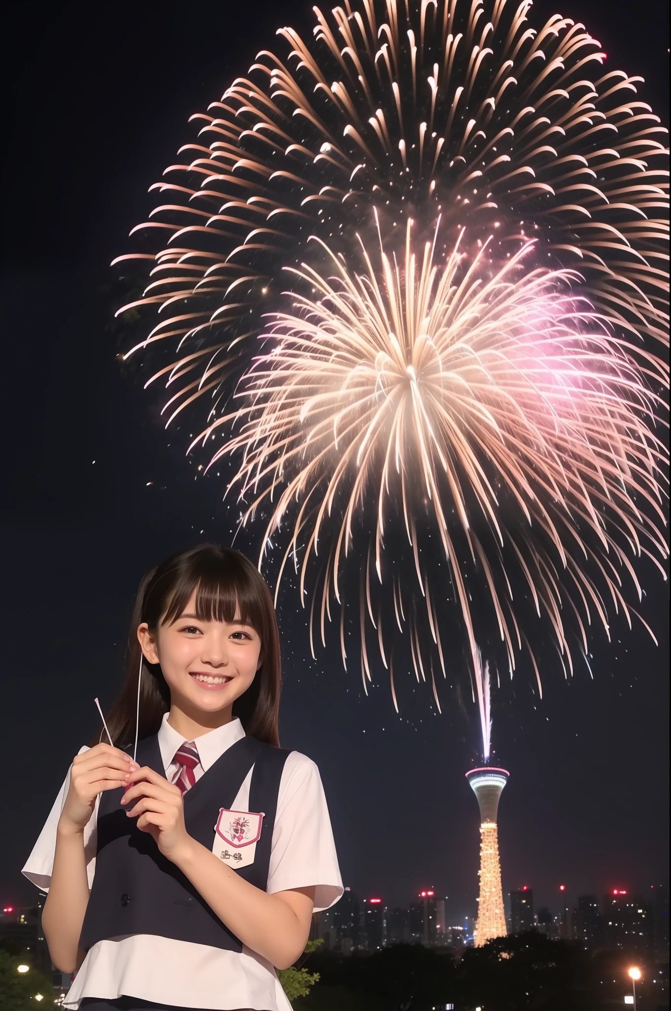 A smile、hi-school girl、校服、While doing fireworks、mare、Tokyo Skytree