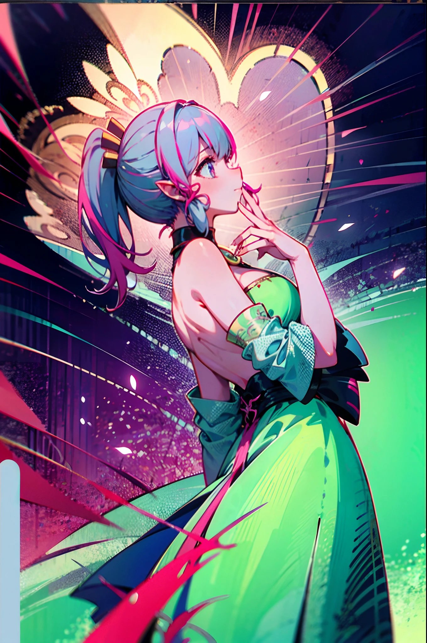 tmasterpiece,Highest image quality,8K,succubi,A pink-haired,Single horsetail,Long horns on the head,The eyes are pink,There is a heart shape inside the eye,huge tit,Place your hands on your waist,Exposed back,Medium body type,seen from the side