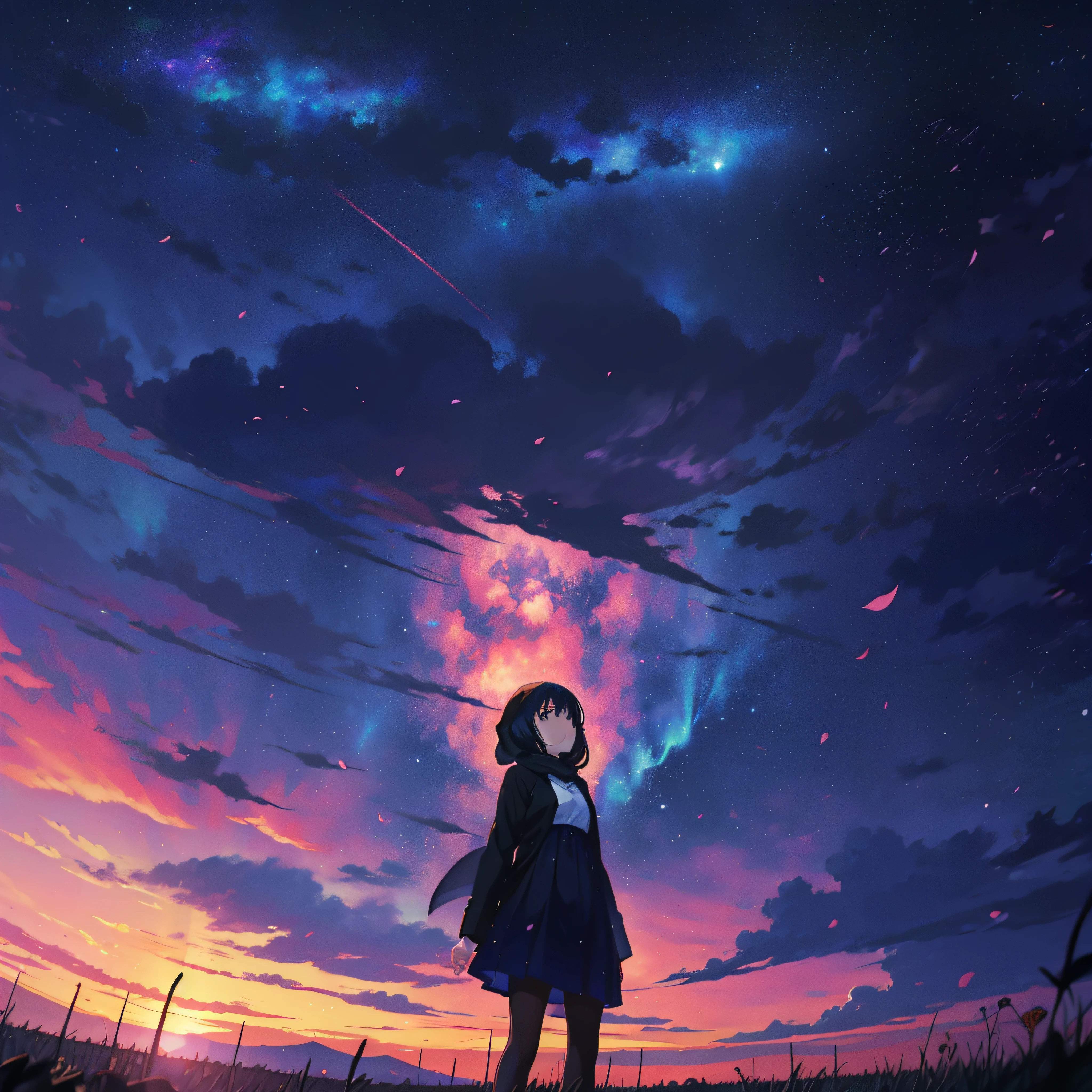 one-girl,looking up and counting the stars in the sky, Cosmos Sky. SakuraNS,standing in a field,Best quality at best,tmasterpiece,By Makoto Shinkai, anime with black hijab girl, Anime art wallpaper 4k.
