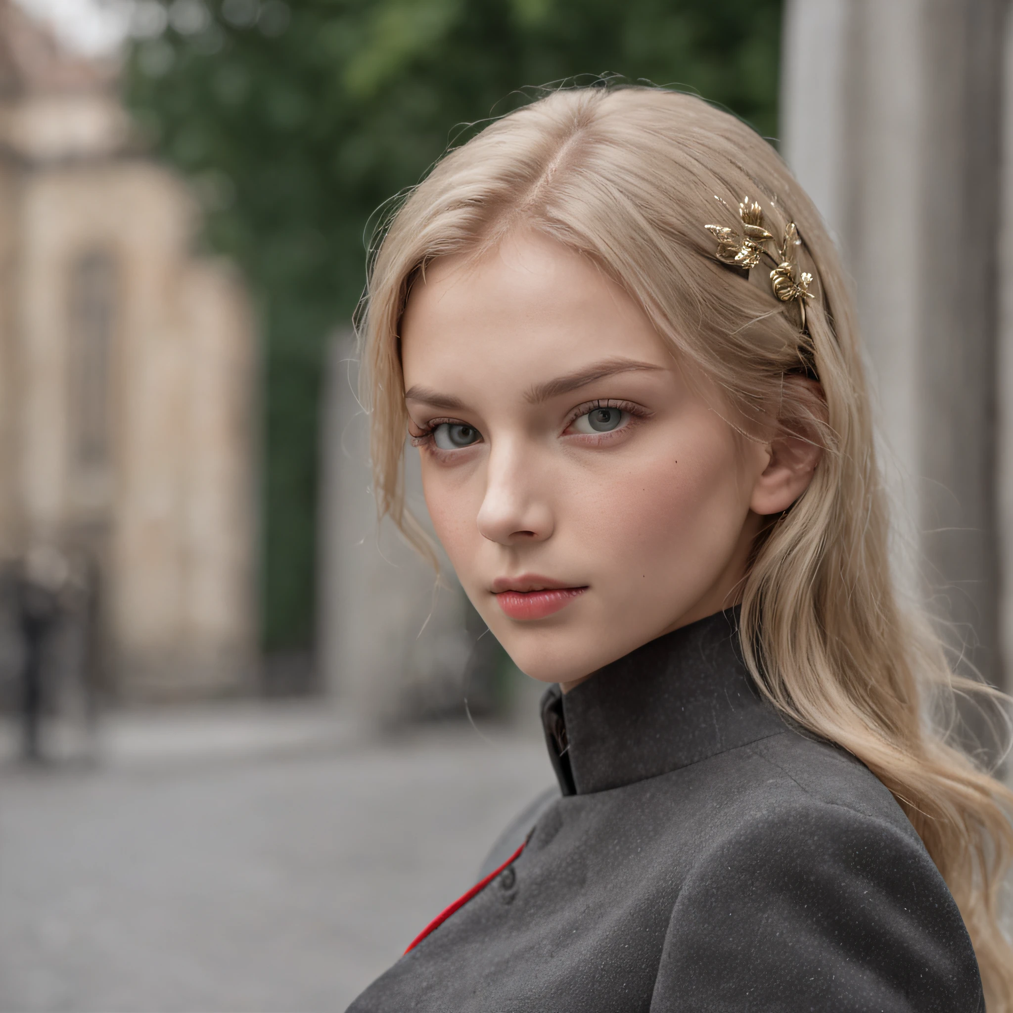 Lonely girl, Tall stature, little chest, Slavic appearance: Green eyes; blond hair; sharp facial features; Straight nose; pronounced high cheekbones, stands upright, military uniform: gray double-breasted overcoat; gray pants, full length, max detail, Masterpiece quality, black leather gloves, in the middle of the street, Background: A street with a stone paved road with European stone houses from the first half of the 20th century, High quality shadows, High quality of light, High quality clothing, Masterpiece picture quality.