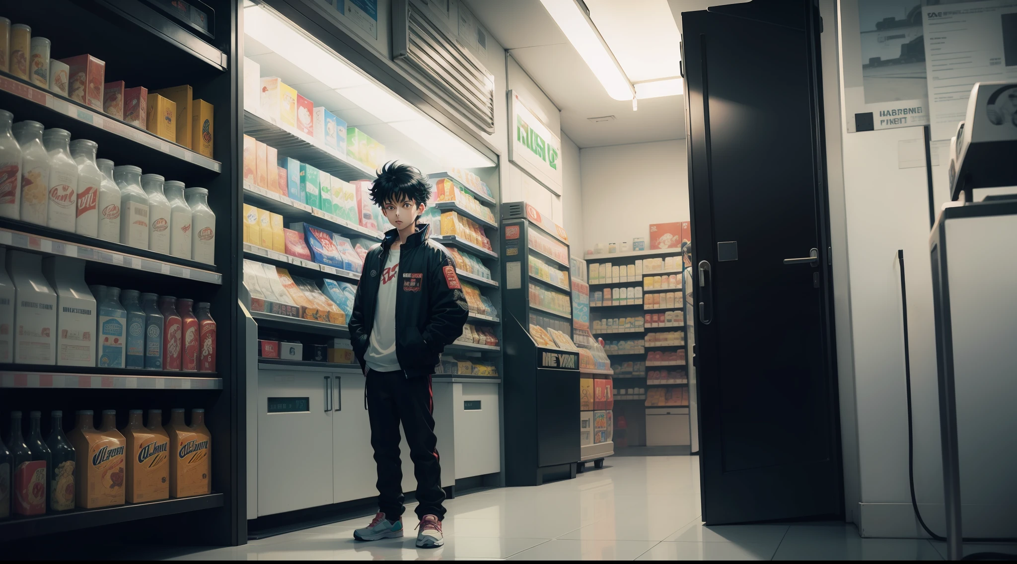 boy in the style of 90's vintage anime, surrealism, akira style. detailed line art. fine details. inside a 7/11 convenience store. drink aisle. neon.