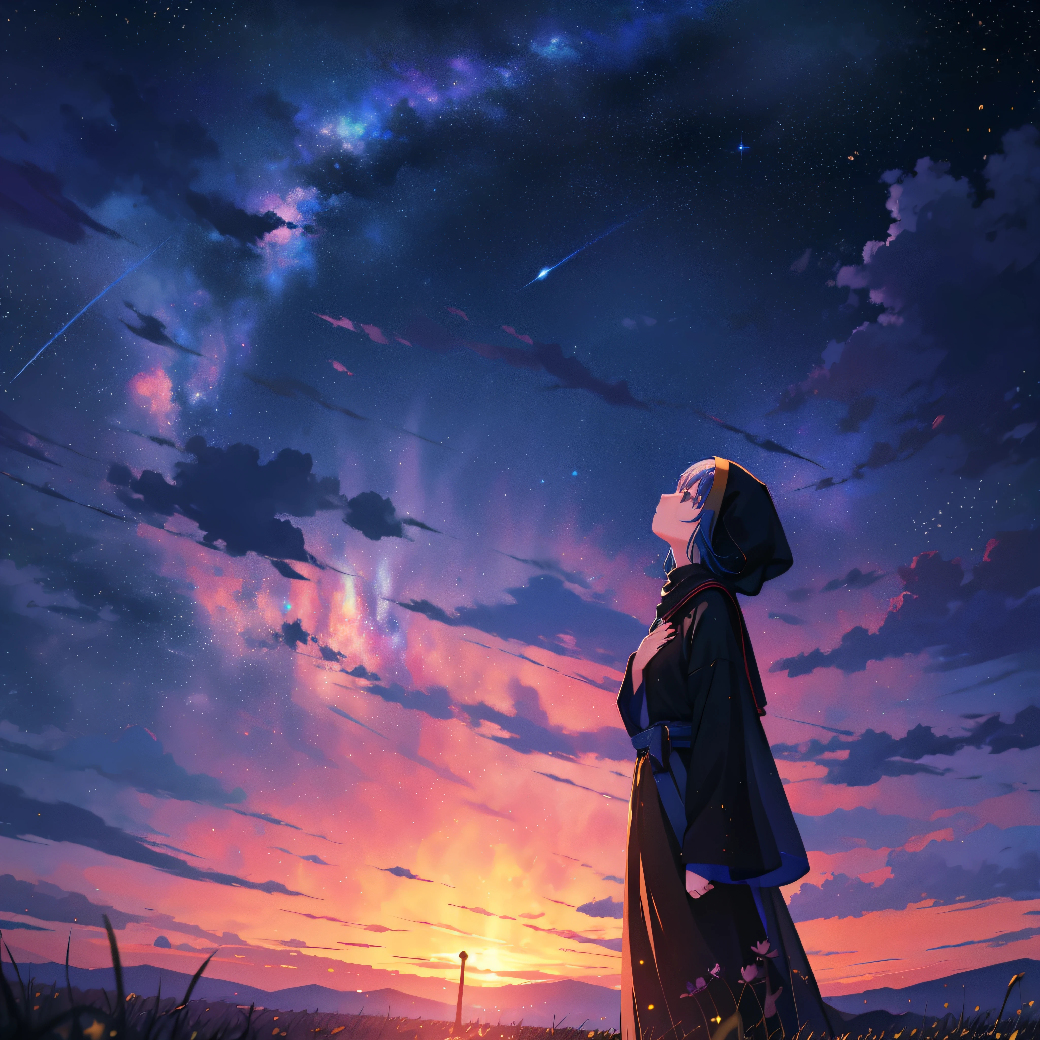 one-girl,looking up and counting the stars in the sky, Cosmos Sky. SakuraNS,standing in a field,Best quality at best,tmasterpiece,By Makoto Shinkai, anime with black hijab girl, Anime art wallpaper 4k.