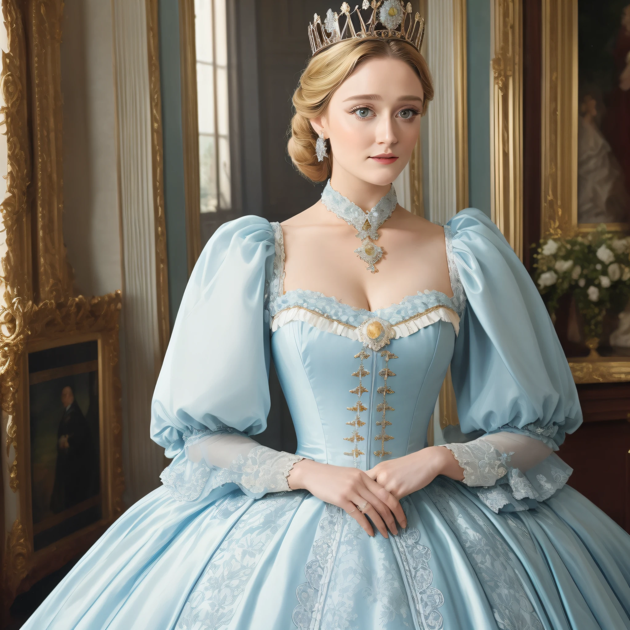 Victorian art style, Serious Greer Grammer wearing a stately and elaborate Cinderella ballgown of white satin and tulle adorned with (((huge ribbon bows))), roses, lace, frills, flounces, silver embroidery, silver braid, and jewels, with (((enormous puffed sleeves))), a stiffly padded and corseted bodice, and a (((voluminous crinoline hoopskirt))), (((bustle))), long white gloves, pearl and diamond necklace and earrings, elaborately curled and styled hair