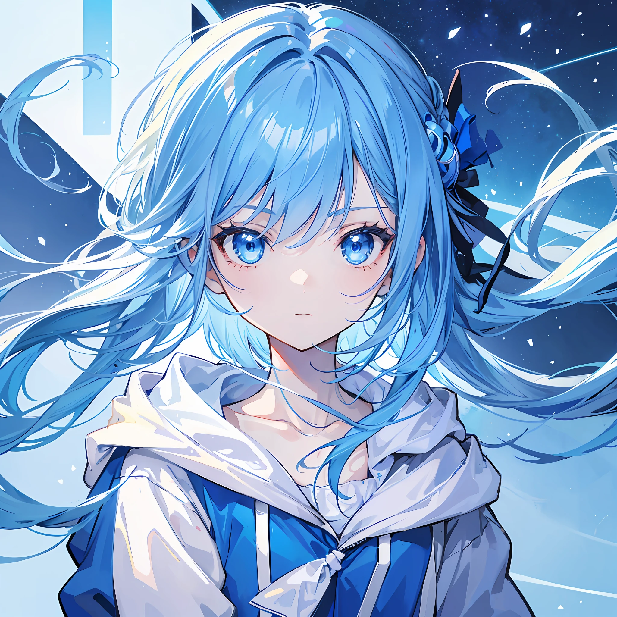 1girl, with light blue hair and blue eyes, wearing a hair ribbon and a blue and white hoodie. The scene is set in winter, with the girl looking directly at the viewer. This image can be used as a profile picture.