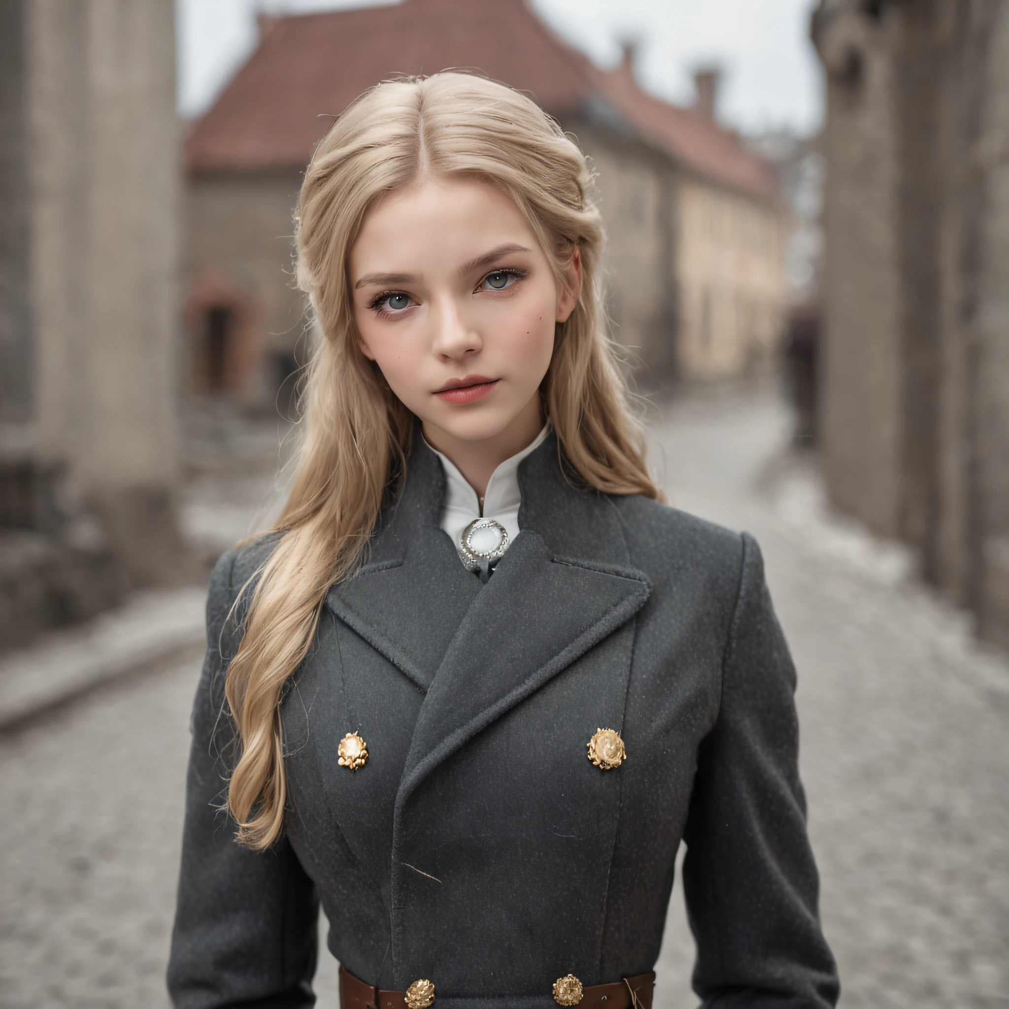 Lonely *********** girl, Tall stature, little chest, Slavic appearance: Green eyes; blond hair; sharp facial features; Straight nose; pronounced high cheekbones, stands upright, military uniform: gray double-breasted overcoat; gray pants, full length, max detail, Masterpiece quality, black leather gloves, in the middle of the street, Background: A street with a stone paved road with European stone houses from the first half of the 20th century, High quality shadows, High quality of light, High quality clothing, Masterpiece picture quality.