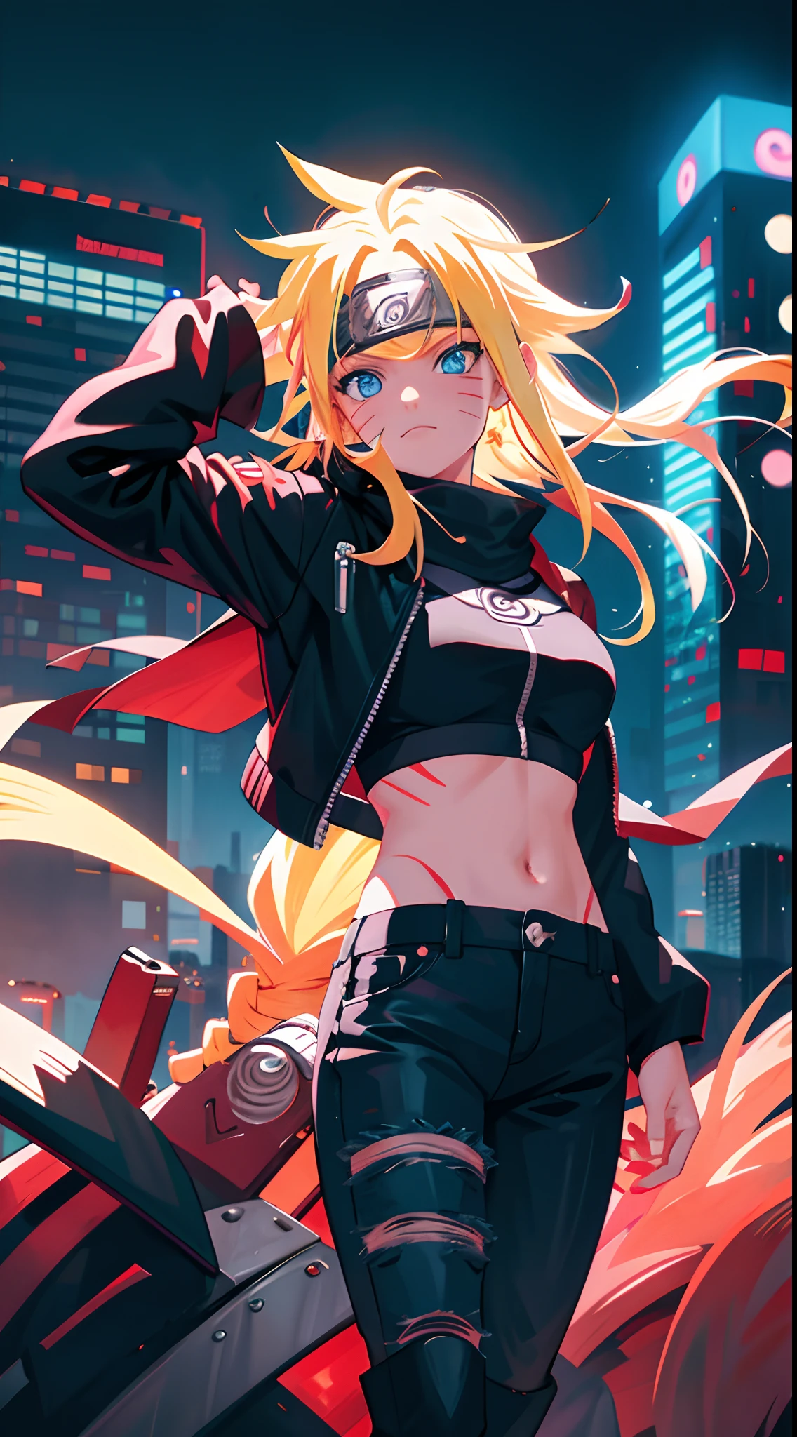 portrait, neon, 1 girl, shonen style, spiky blonde hair, scratches on cheeks, long hair,big boobs,black and red clothing, leather jacket, jeans, boots, bandana with leaf symbol, perfect eyes, cool, blue eyes, full body, color --name Naruto Uzumaki --night background city with futuristic buildings and holograms