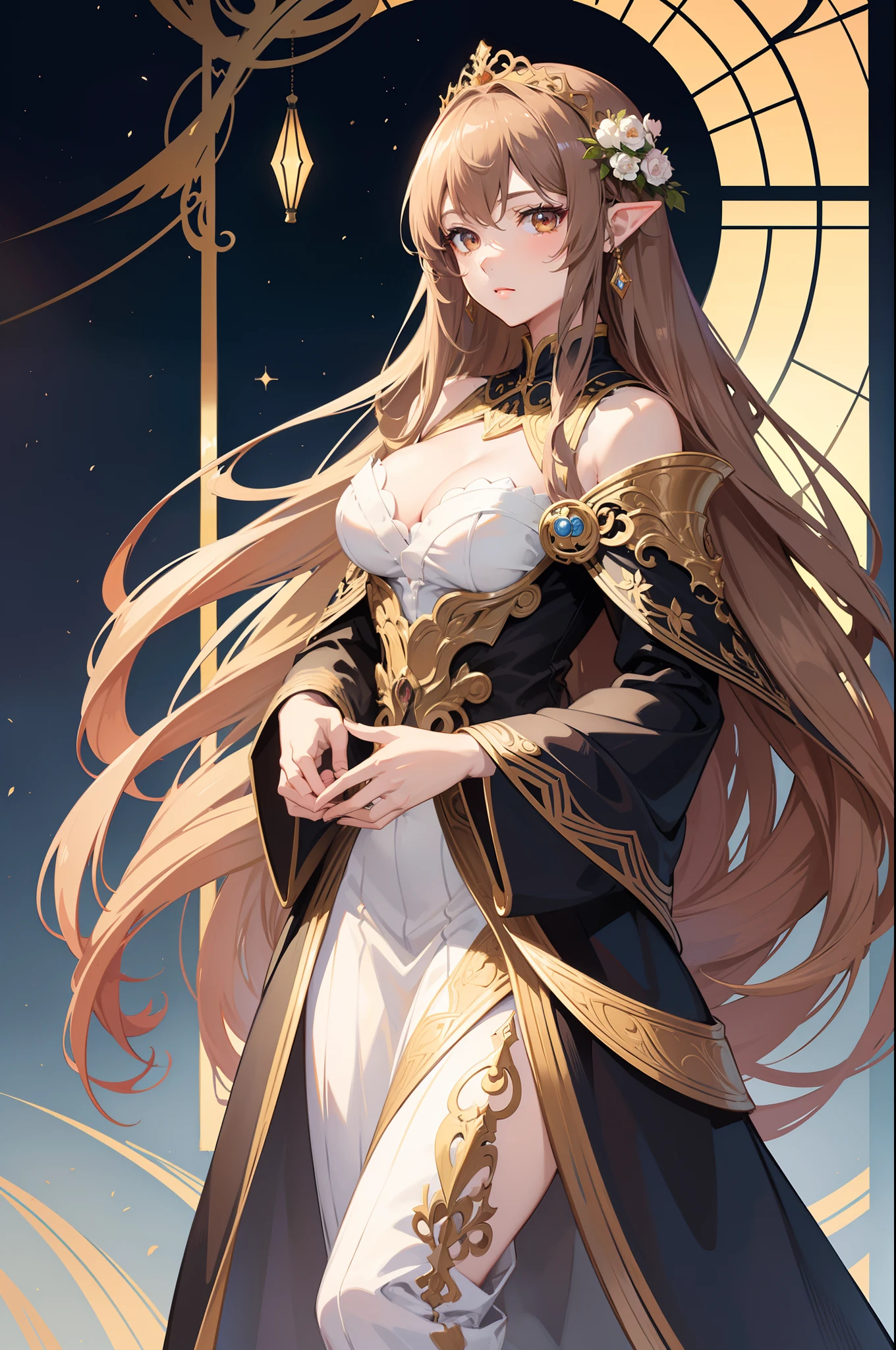 Official Art, Masterpiece European female face,elvish,long curly hair, brown hair , brown eyes , Flower Frame ,Decorative panel , jugendstil , (masterpiece、top-quality、hight resolution: 1.4),in 8K,color splashes、line-drawing、Fibonacci、Drawing of a woman with long brown hair and a crown, Anime Art Nouveau, Detailed Digital Anime Art, portrait knights of zodiac girl, highly detailed exquisite fanart, anime fantasy illustration, clean detailed anime art, detailed anime art, Sharp Focus, (Beautiful gorgeous cute woman:1.3), (Beautiful cute woman:1.3), Delicate Beautiful Hair and Eyes and Face, realisitic, ultra-detailliert, a beauty girl,A slender, Pretty breasts and buttocks、Dynamic hair、Detailed brown hair
