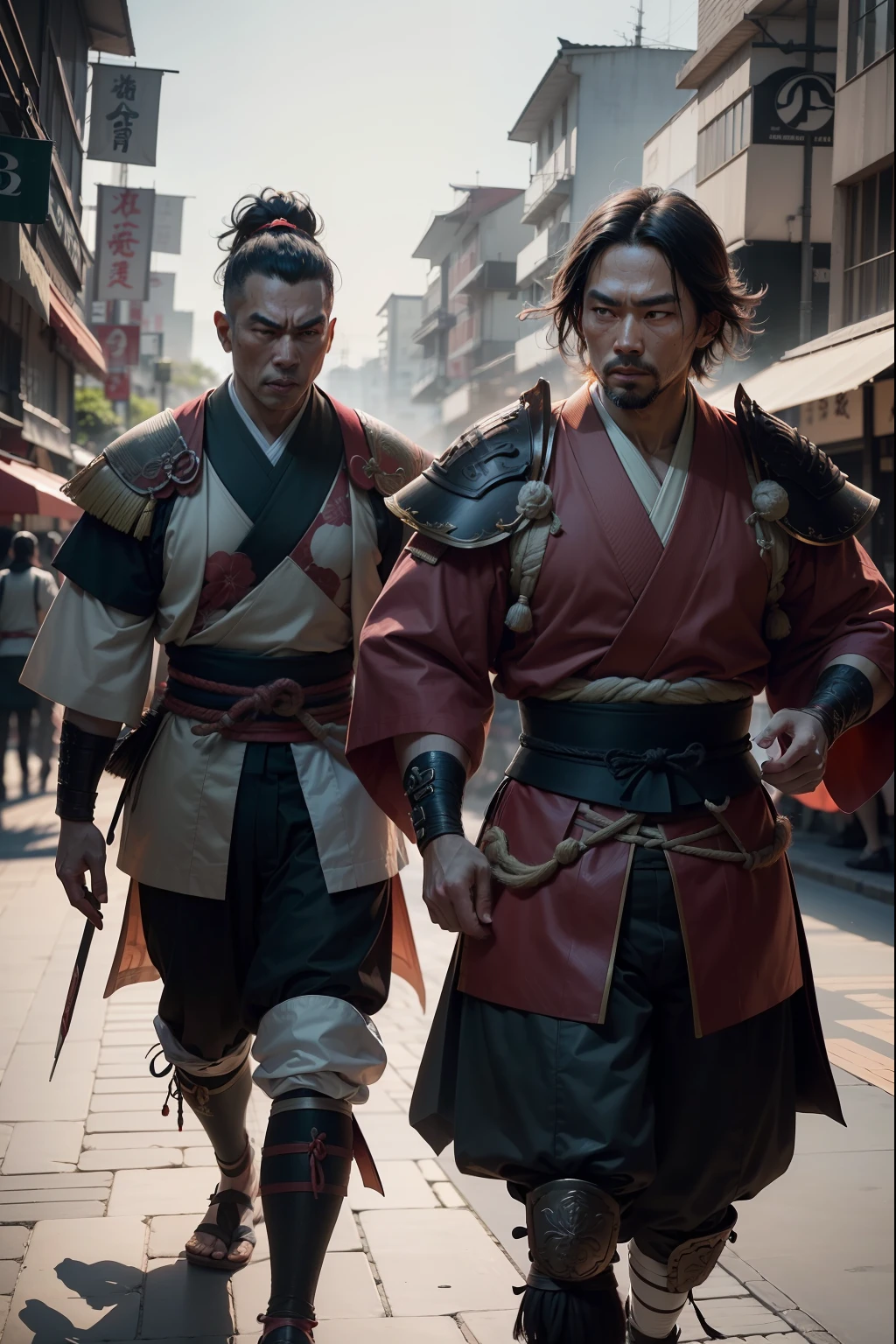 luta, Duel between two samurai of ancient Japan in the middle of the public city looking and cheering (obra-prima) (8k high resolution) (melhor qualidade) (Ultra Definition) (Ultra realista)(Foto RAW) (Foto realista) (bright illumination)