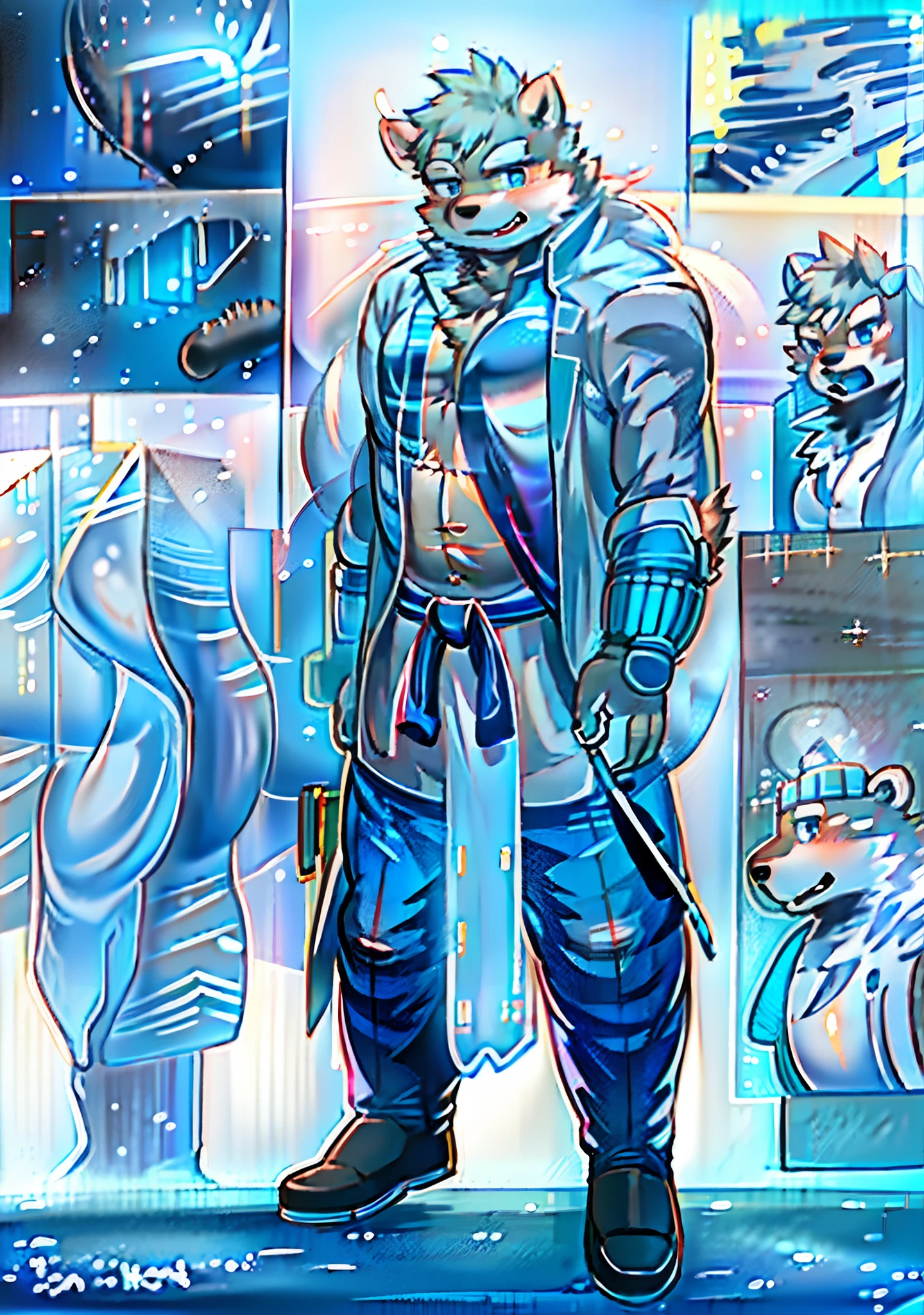 solo person,hairy pubic,hairy chest,Lovely belly,Canine orcs,Gray body,White belly,Black ears,Blue-brown eyes,Gray trench coat,White hood,blue denim pants,samurais,Hold the chopping knife,Control the ice,There is a small amount of black light fog around the body,There is a dragon-shaped imprint in the left eye,(((icey))),(((A light fog))),ssmile