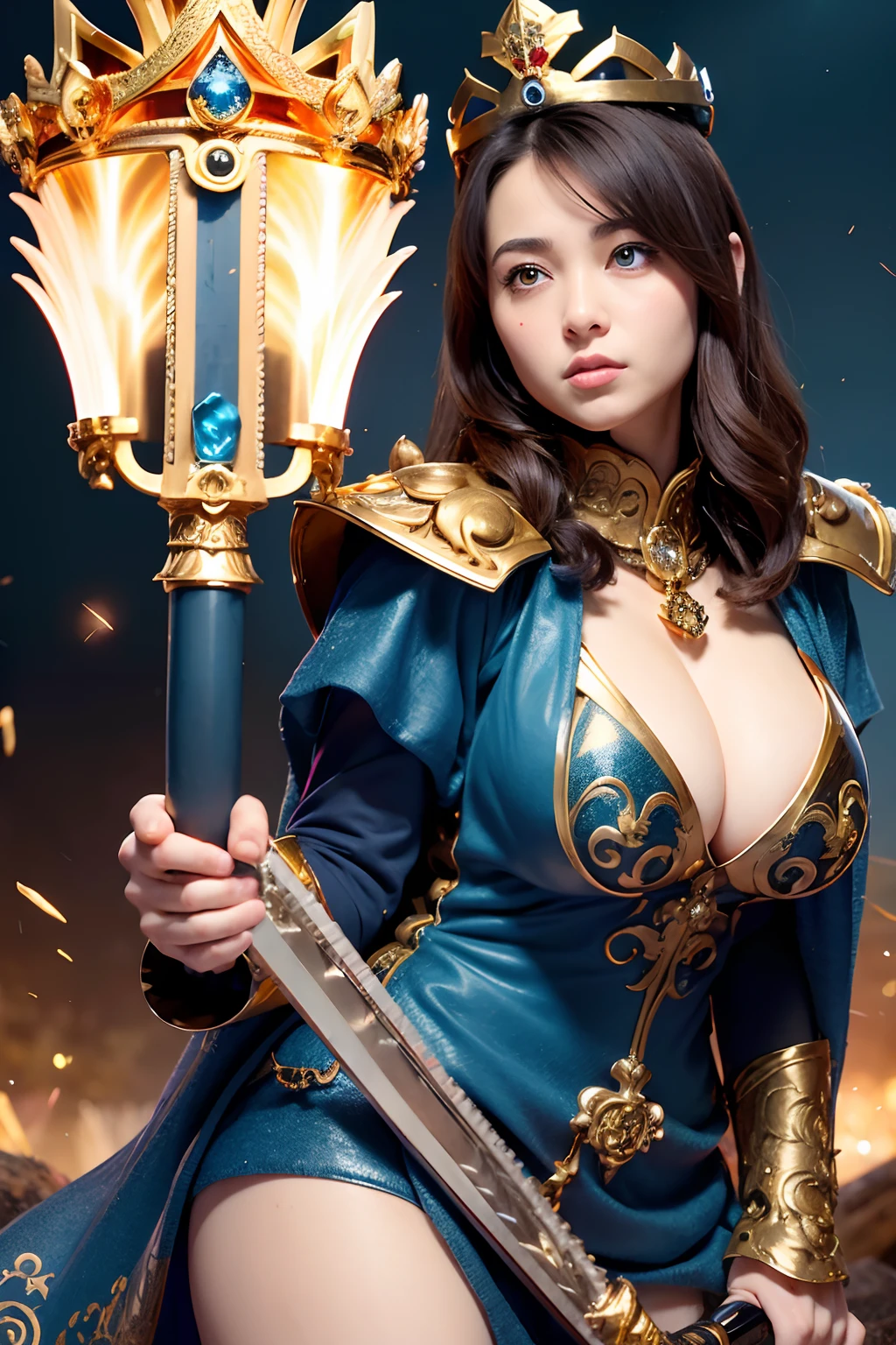 (masutepiece), Professional , ​masterpiece、top-quality、photos realistic , depth of fields ,（Wind element），close-up，dream magical，tornado，Lightning，（Gemstone Gold Jewel Body:1.６),(Matte Blue、Jewel Gold Weapon_、（Metal:1.４),Gorgeous Jewel Metal Weapons ,(( Detailed Sword of the Brave)) ,（Stand in front of the dragon）、  Castle background  ,warhammer 40k , adepta sororitas,Wearing a flamboyant helmet with details、Brown hair、（(Gangle's forest background))、Beautiful Caucasian beauty、１a person、dynamic ungle,(((Detailed and ornate diamond crown)))、Particles of light、cleavage of the breast、Battle Pose、Mystical expression、