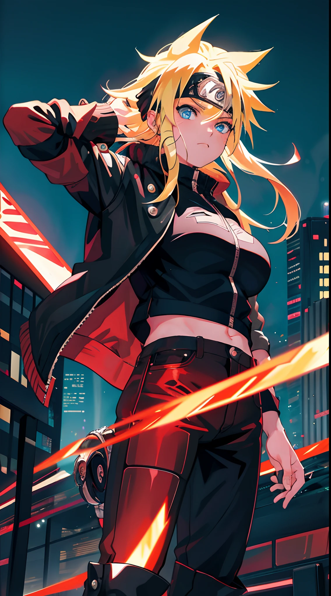 portrait, neon, 1 girl, shonen style, spiky blonde hair, scratches on cheeks, long hair,big boobs,black and red clothing, leather jacket, jeans, boots, bandana with leaf symbol, perfect eyes, cool, blue eyes, full body, color --name Naruto Uzumaki --night background city with futuristic buildings and holograms