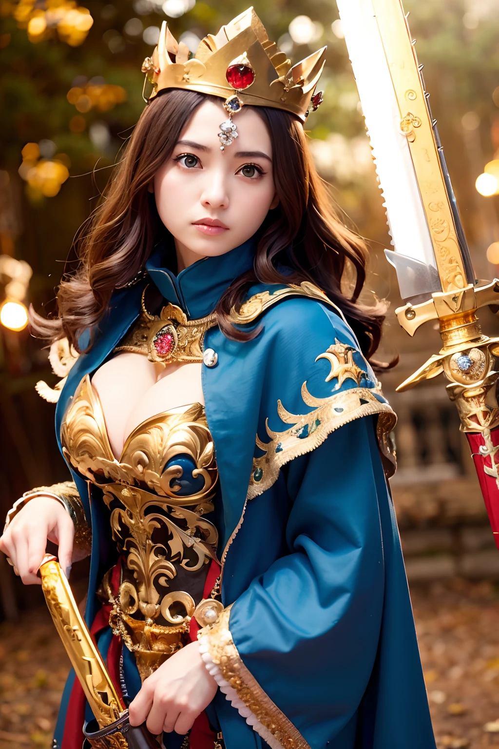 (masutepiece), Professional , masterpiece、top-quality、photos realistic , depth of fields ,(Wind element),close-up,dream magical,tornado,Lightning,(Gemstone Gold Jewel Body:1.6),(Matte Blue、Jewel Gold Weapon_、(Metal:1.4),Gorgeous Jewel Metal Weapons ,(( Detailed Sword of the Brave)) ,(Stand in front of the dragon)、 Castle background ,warhammer 40k , adepta sororitas,Wearing a flamboyant helmet with details、Brown hair、((Gangle's forest background))、Beautiful Caucasian beauty、1a person、dynamic ungle,(((Detailed and ornate diamond crown)))、Particles of light、cleavage of the breast、Battle Pose、Mystical expression、