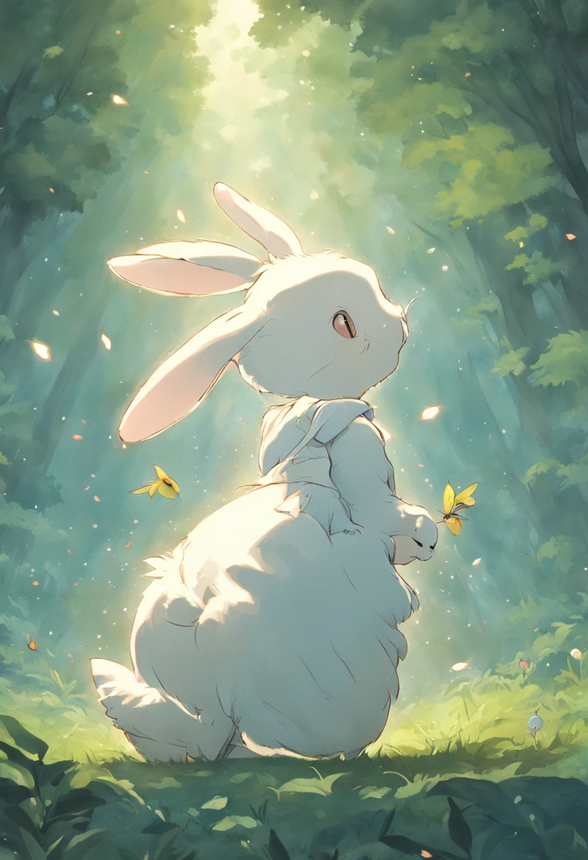 Rabbit fairy,Long hairy ears,it's lovely,Long white dress,at a forest,Blue sky,White clouds,A flock of small birds,There is a group of little rabbits around,