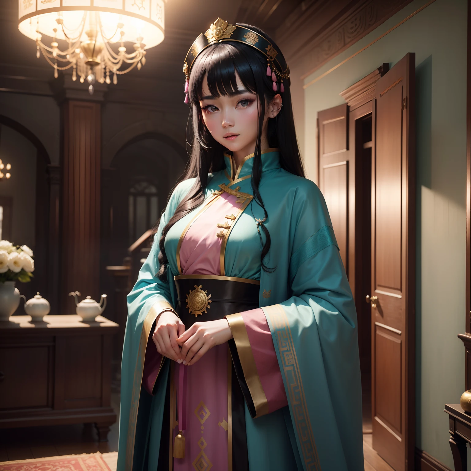 Black-haired beauty in a cyan antique Han dress,Girliness,There are pink streamers on the hair,It is inserted with a golden coat,There are tassels on the head,Exquisite makeup,The background is inside the room of an ancient building