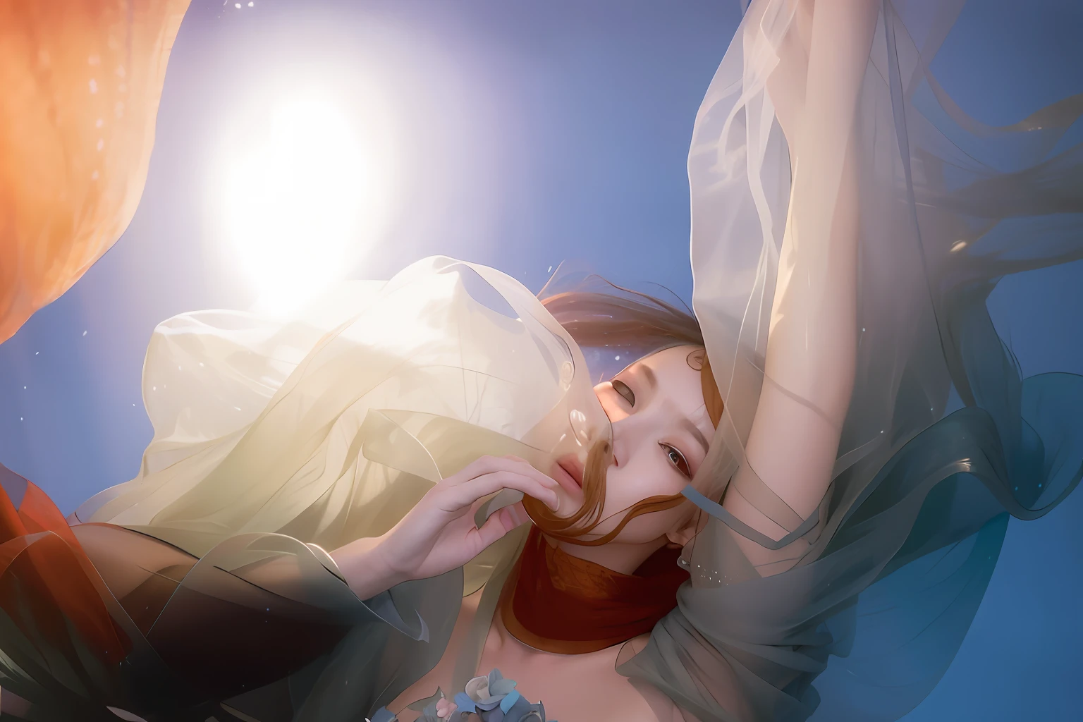 There was a woman wearing a veil underwater, a still of an ethereal, monia merlo, inspired by Ren Hang, underwater photography, shaxi, Ethereal and dreamy, with ethereal light, Zhang Jingna, Pale light, alexandra fomina, Float, Ophelia, underwater photo, ethereal glare of the sun, ethereal back light, light from bottom, Lu Ji