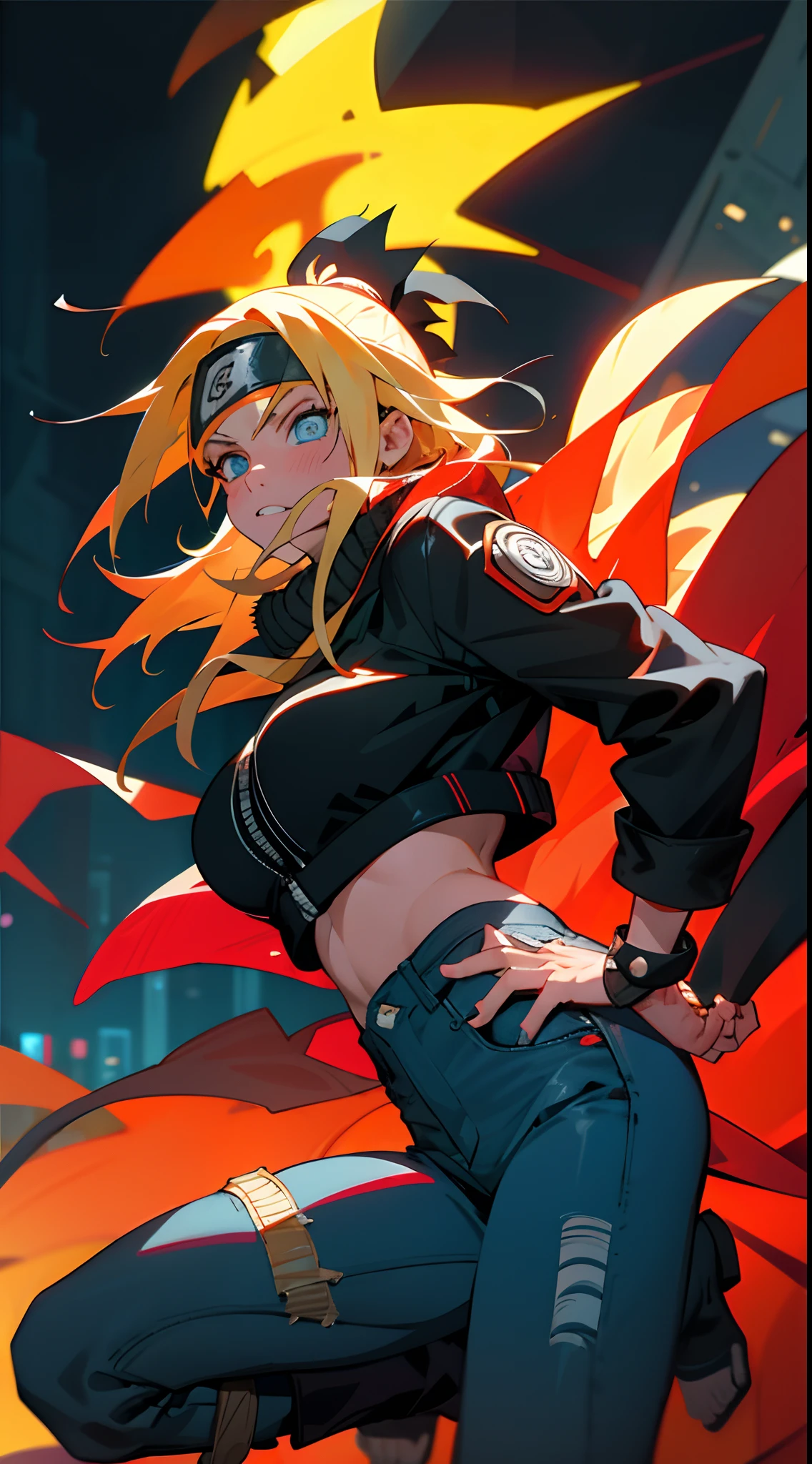 portrait, neon, 1 girl, shonen style, spiky blonde hair, scratches on cheeks, long hair,big boobs,black and red clothing, leather jacket, jeans, boots, bandana with leaf symbol, perfect eyes, cool, blue eyes, full body, color --name Naruto Uzumaki --night background city with futuristic buildings and holograms