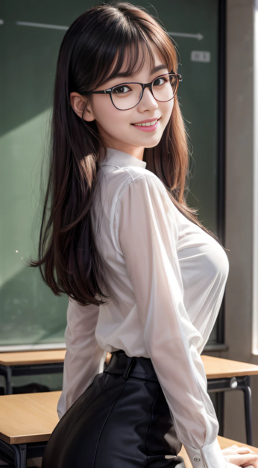 8K, Masterpiece, RAW photo, Best quality, Photorealistic, Extremely detailed CG unifies 8K, 8K, Diamond, and wallpaper, Depth of field, Cinematic light, Lens flare, Ray tracing, (Extremely beautiful face, Beautiful lips, Beautiful eyes), intricate detail face, ((ultra detailed skin)) 1girll, deepshadow, Pretty Korean girl, Kpop idol, 1 girl, ((view the viewer)),(Big smile:1.3), bangle, black-frame glasses,, Clear eyes, (Pale skin), (Big eyes), Face forward, ((upperbody shots)), (Black hair), (view the viewer:1.3) Very slim, Medium breasts, Back shot, ((see through)), white long sleeve shirt,In the classroom,English teacher