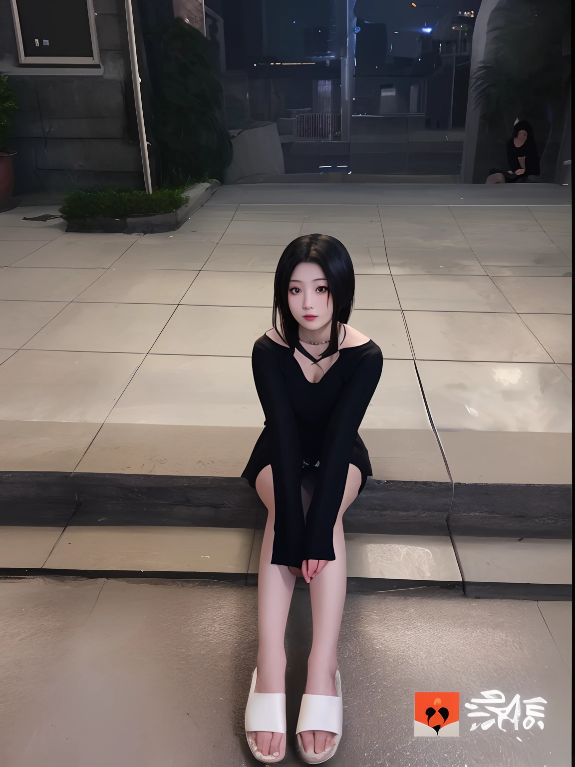 Sitting on the steps of the building at night, xintong chen, full-body xianxia, xision wu, Chinese girl, cruel korean goth girl, wenfei ye, Asian girl, pretty face with arms and legs, Kanliu,19-year-old girl, Korean girl,Black closed-toe stockings, very very low quality