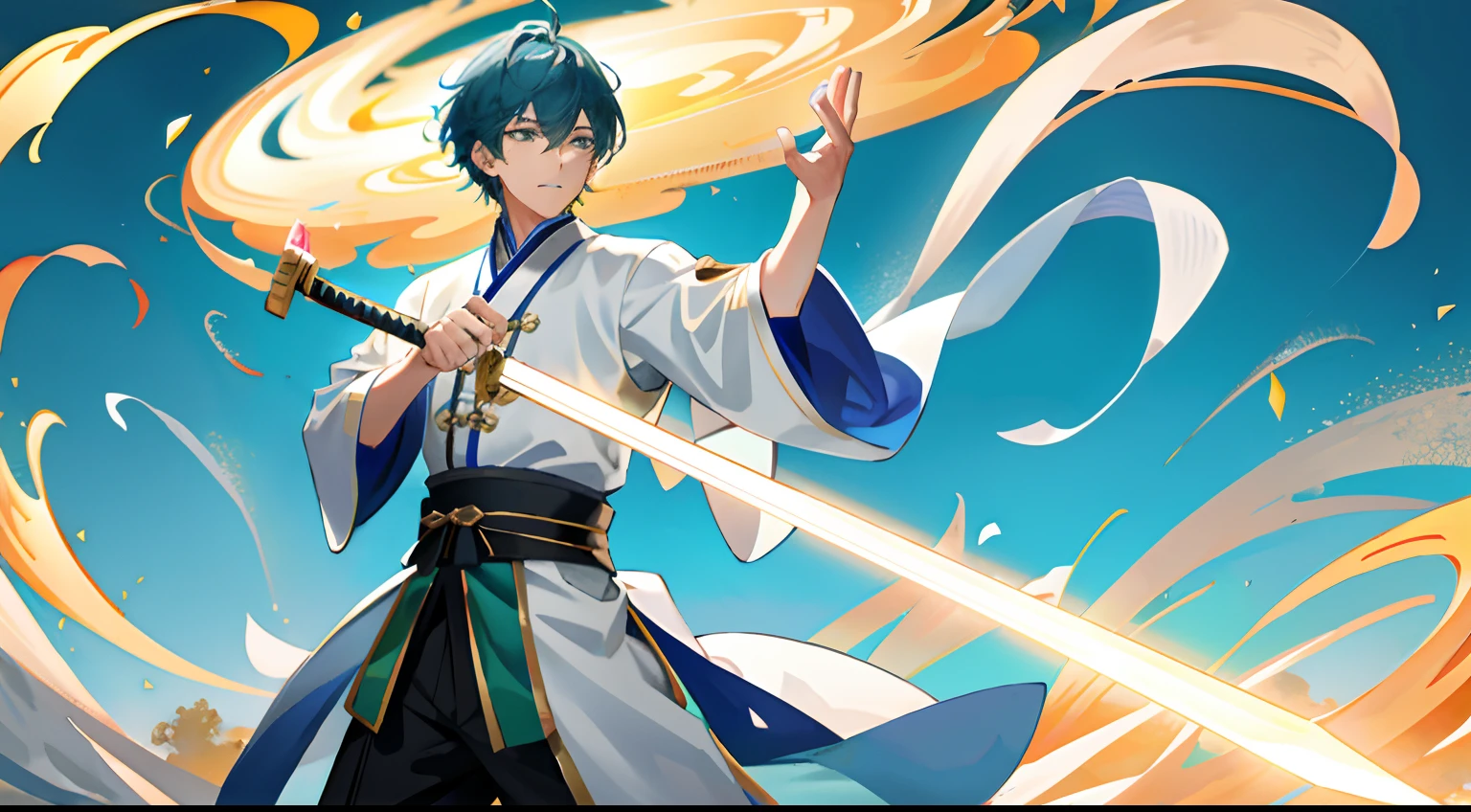 Chinese male swordsman，Ancient Chinese Cold Weapon Sword 1.4，dressed white hanfu，had his hands folded，green grass background，The silver longsword floated overhead，Swirling cyan glow，Essence Immortal 1.5，Tyndall effect，Glow effect，Anime art style，romantic landscape，Meticulous brushstrokes，Realistic pop music，New School Beast，Knolling，8K，Golden Tornado、Neatly arranged，Fantastic landscape, Starlight around the character