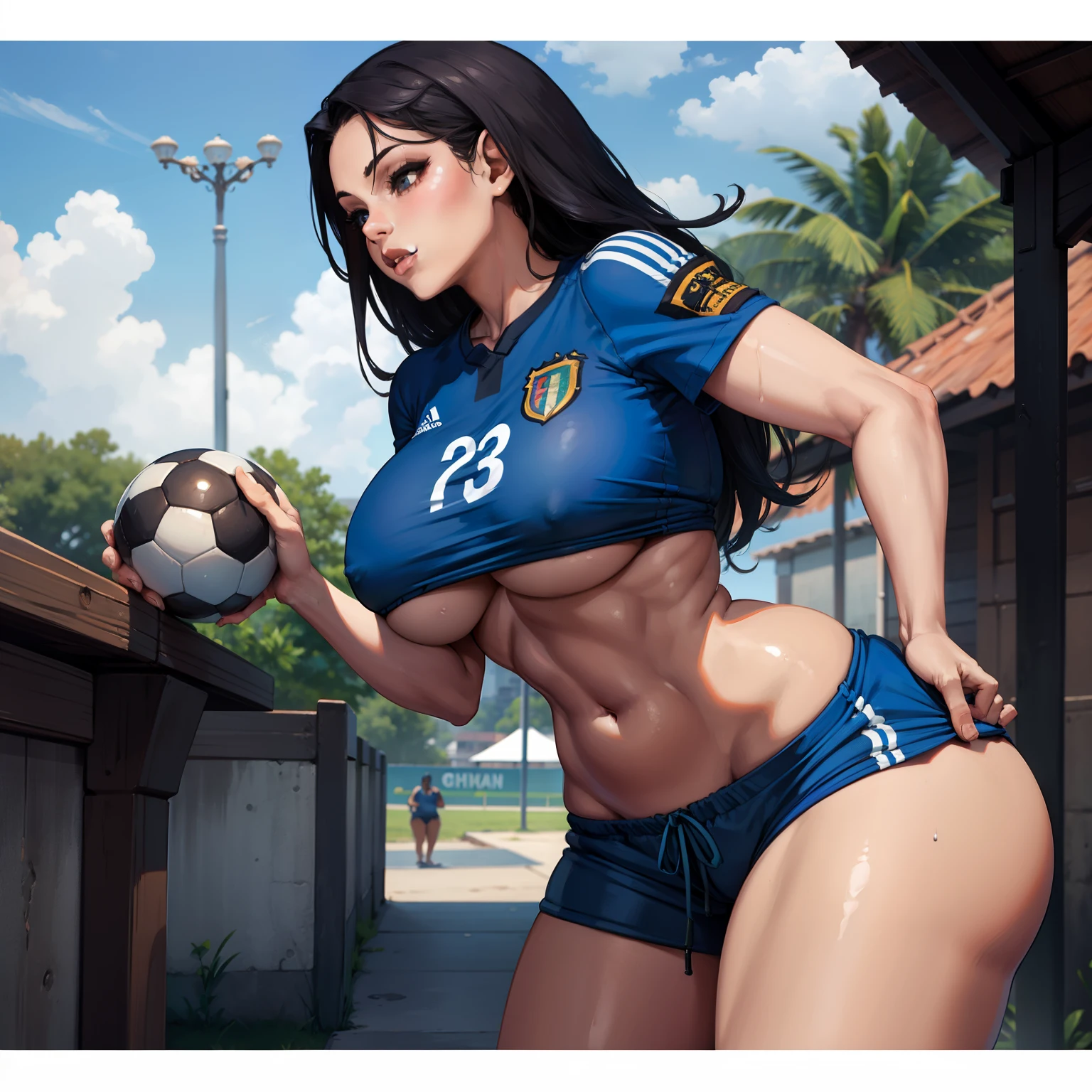 A beautiful African ,bbw , girl, wearing sexy soccer shorts , big boobs, transparent wet t-shirt boobs showing and big ass, curvey waist, body portrait, Argentina national soccer kit colours,