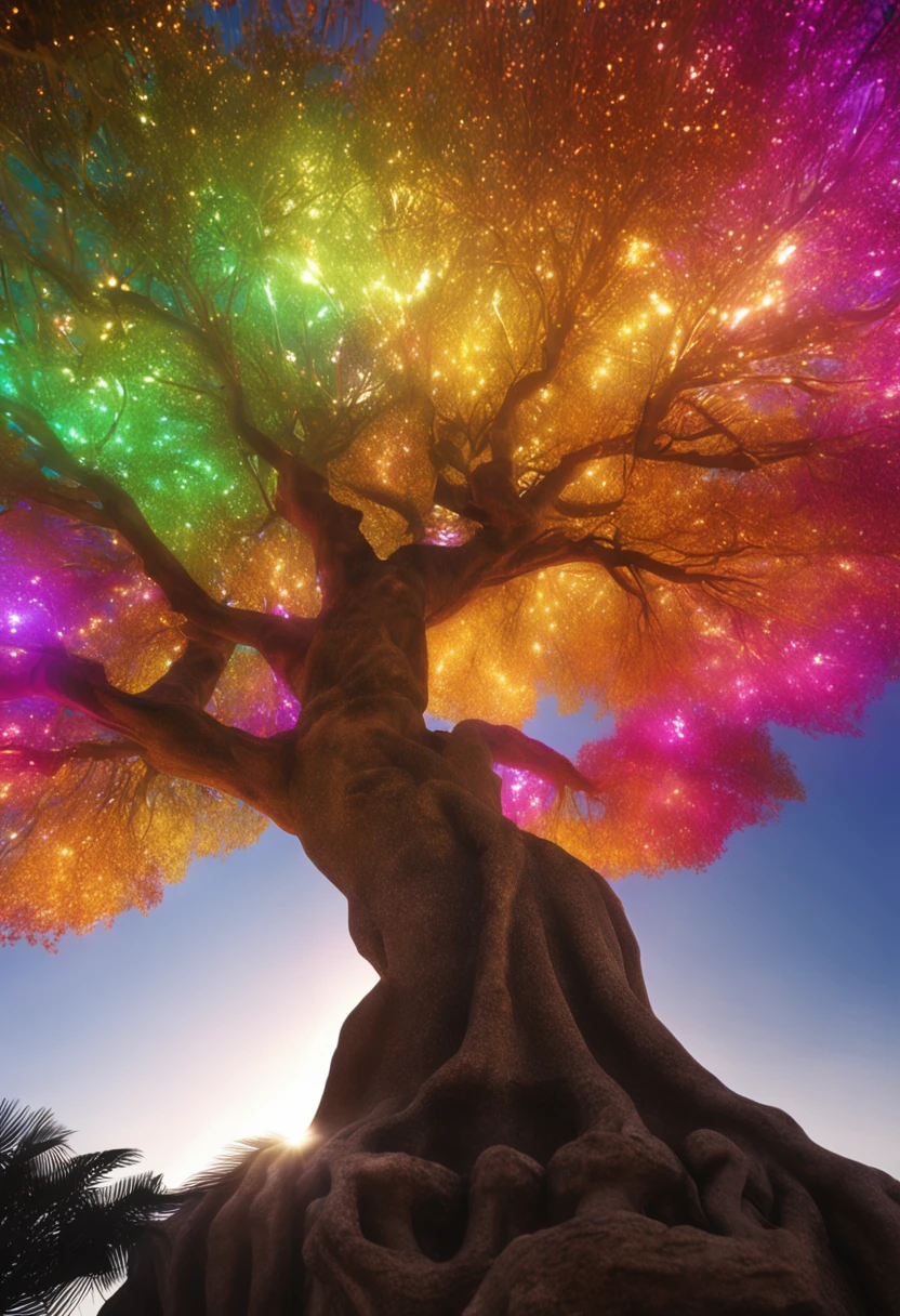 Bodhi tree, symbol of Buddhism, iridescent in rainbow colors, with a golden aura around him with a very bright divine light descending from the sky, High Definition Image, detalhamento alto e estilo fotorrealismo. Imagem com pelo menos 300 dpi, UHD 8k