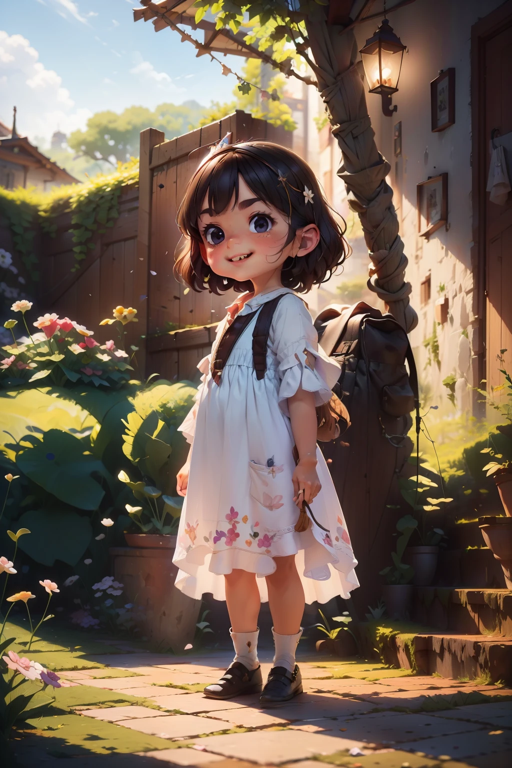 Beautiful little princess in dress, Stand on the marble steps at the entrance to the palace, Look at the wyvern in the distant sky.Light，8k wallpaper，Master painting，petals，lakes，bow and arrows，grin，Black eyes，swing， Perfect quality，Clear focus（Clutter - home：0.8）， （tmasterpiece：1.2） （realisticlying：1.2） （Bokeh） （best qualtiy） （detailedskin：1.3） （complexdetails） （8K） （detailedeyes） （Sharp focus）,（having fun）