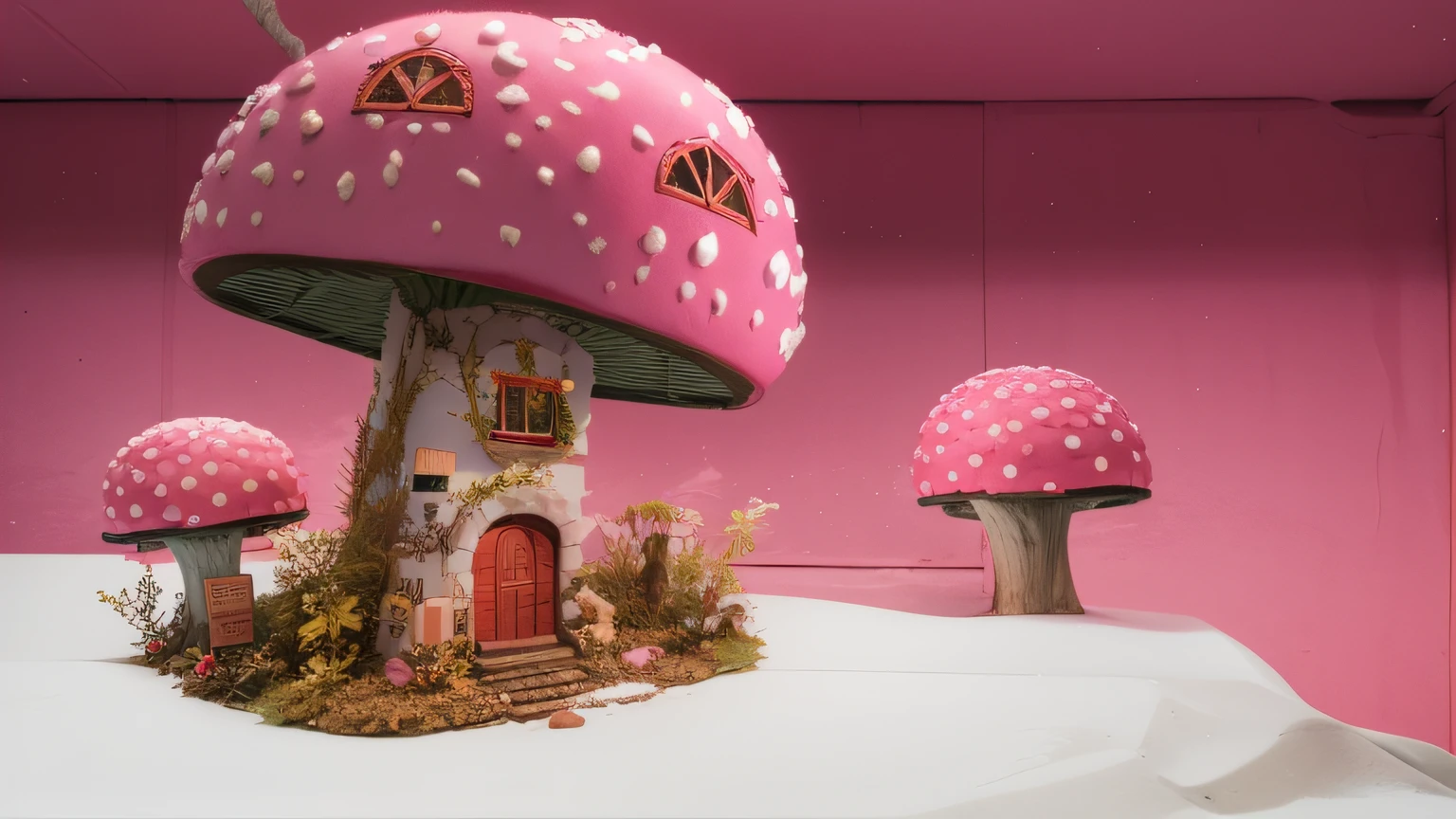 Casa no cogumelo rosa. Maquete. Cogumelo cor de rosa. Neve branca. Pink cardboard box back.