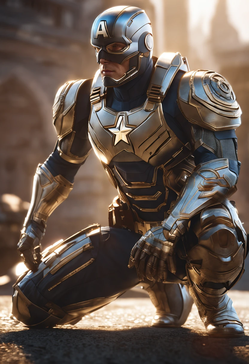 full body shot of captain america  in white and gold armour style suit, no mask on, white cape, looking at center camera, perfect composition, beautiful detailed intricate insanely detailed octane render trending on artstation, 8 k artistic photography, photorealistic concept art, soft natural volumetric cinematic perfect light, chiaroscuro, award - winning photograph, masterpiece, oil on canvas, raphael, caravaggio, greg rutkowski, beeple, beksinski, giger, trending on artstation, sharp focus, studio photo, intricate details, highly detailed, night city background, by greg rutkowski