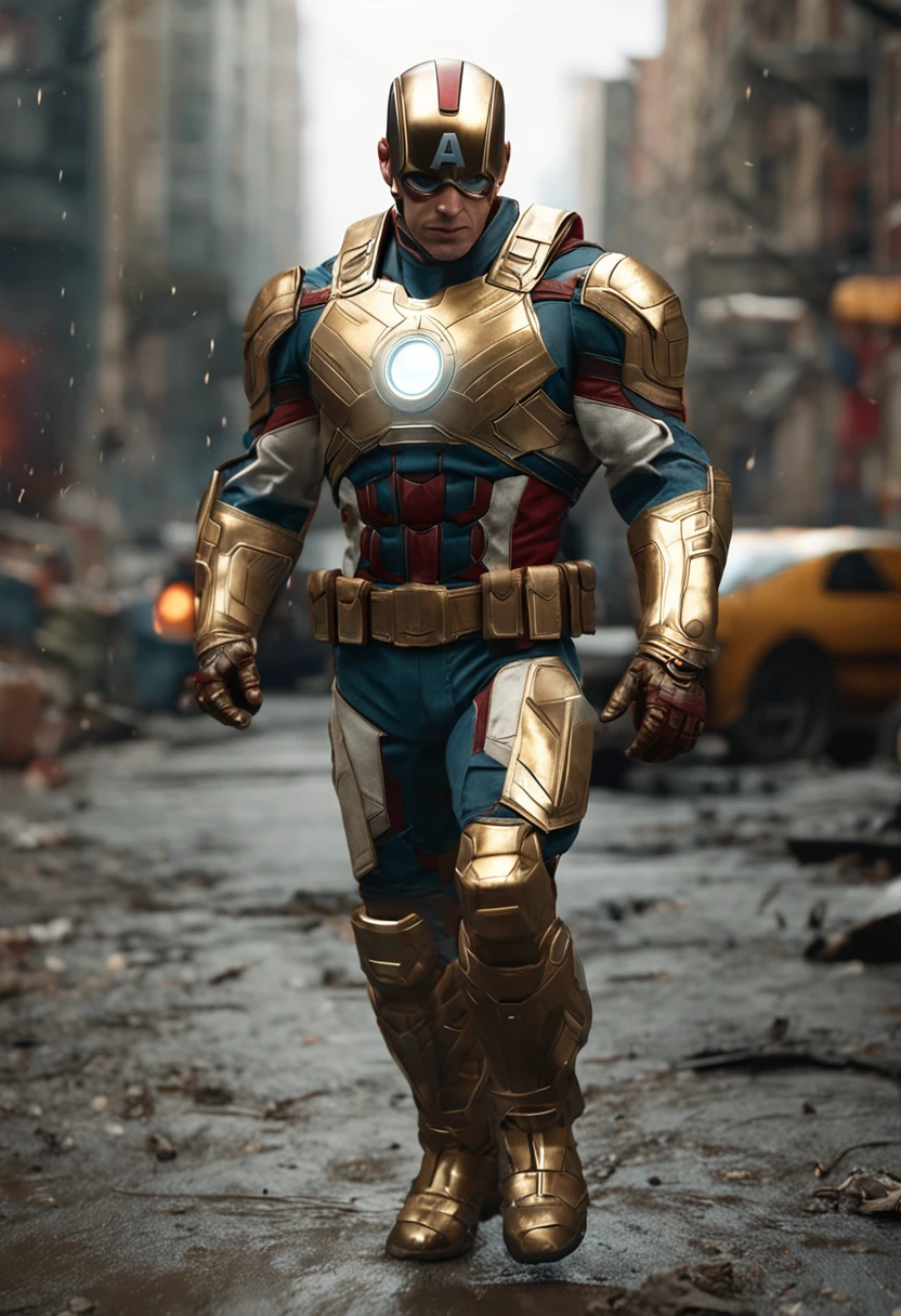 full body shot of captain america  in white and gold armour style suit, no mask on, white cape, looking at center camera, perfect composition, beautiful detailed intricate insanely detailed octane render trending on artstation, 8 k artistic photography, photorealistic concept art, soft natural volumetric cinematic perfect light, chiaroscuro, award - winning photograph, masterpiece, oil on canvas, raphael, caravaggio, greg rutkowski, beeple, beksinski, giger, trending on artstation, sharp focus, studio photo, intricate details, highly detailed, night city background, by greg rutkowski