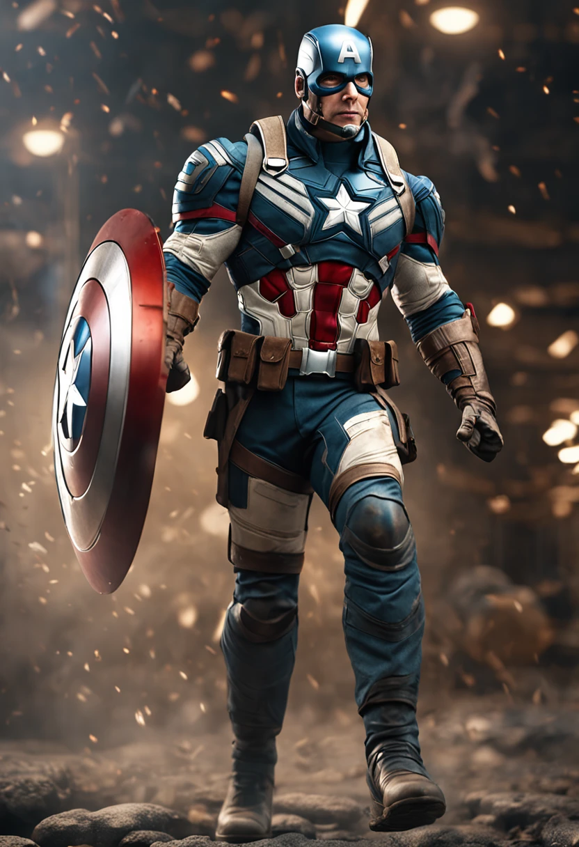 full body shot of captain america in white and gold armour style suit, no mask on, white cape, looking at center camera, perfect composition, beautiful detailed intricate insanely detailed octane render trending on artstation, 8 k artistic photography, photorealistic concept art, soft natural volumetric cinematic perfect light, chiaroscuro, award - winning photograph, masterpiece, oil on canvas, raphael, caravaggio, greg rutkowski, beeple, beksinski, giger, trending on artstation, sharp focus, studio photo, intricate details, highly detailed, night city background, by greg rutkowski