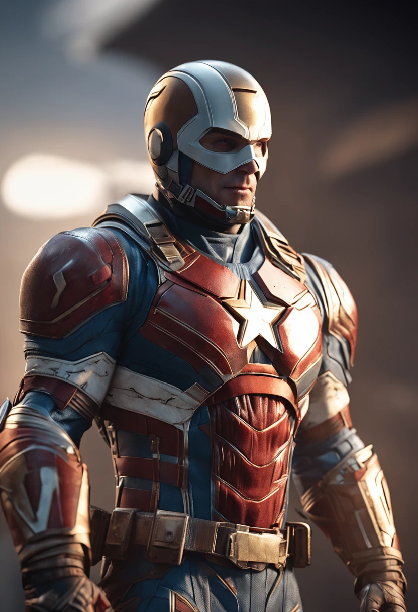 full body shot of captain america in white and gold armour style suit, no mask on, white cape, looking at center camera, perfect composition, beautiful detailed intricate insanely detailed octane render trending on artstation, 8 k artistic photography, photorealistic concept art, soft natural volumetric cinematic perfect light, chiaroscuro, award - winning photograph, masterpiece, oil on canvas, raphael, caravaggio, greg rutkowski, beeple, beksinski, giger, trending on artstation, sharp focus, studio photo, intricate details, highly detailed, night city background, by greg rutkowski