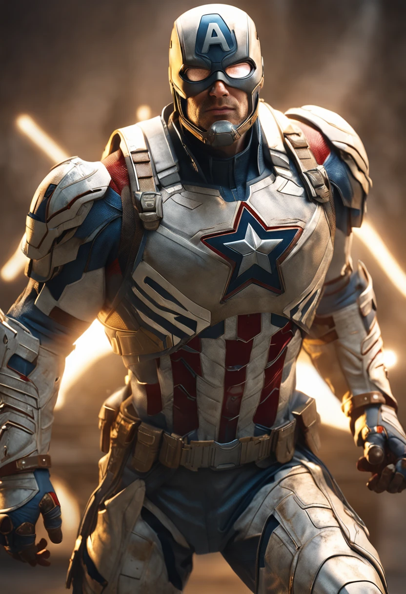 full body shot of captain america  in white and gold armour style suit, no mask on, white cape, looking at center camera, perfect composition, beautiful detailed intricate insanely detailed octane render trending on artstation, 8 k artistic photography, photorealistic concept art, soft natural volumetric cinematic perfect light, chiaroscuro, award - winning photograph, masterpiece, oil on canvas, raphael, caravaggio, greg rutkowski, beeple, beksinski, giger, trending on artstation, sharp focus, studio photo, intricate details, highly detailed, night city background, by greg rutkowski