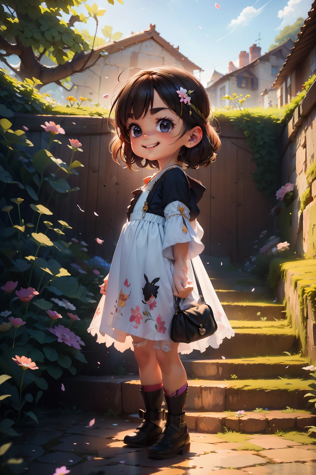 Beautiful  princess in dress, Stand on the marble steps at the entrance to the palace, Look at the wyvern in the distant sky.Light，8k wallpaper，Master painting，petals，lakes，bow and arrows，grin，Black eyes，swing， Perfect quality，Clear focus（Clutter - home：0.8）， （tmasterpiece：1.2） （realisticlying：1.2） （Bokeh） （best qualtiy） （detailedskin：1.3） （complexdetails） （8K） （detailedeyes） （Sharp focus）,（having fun）